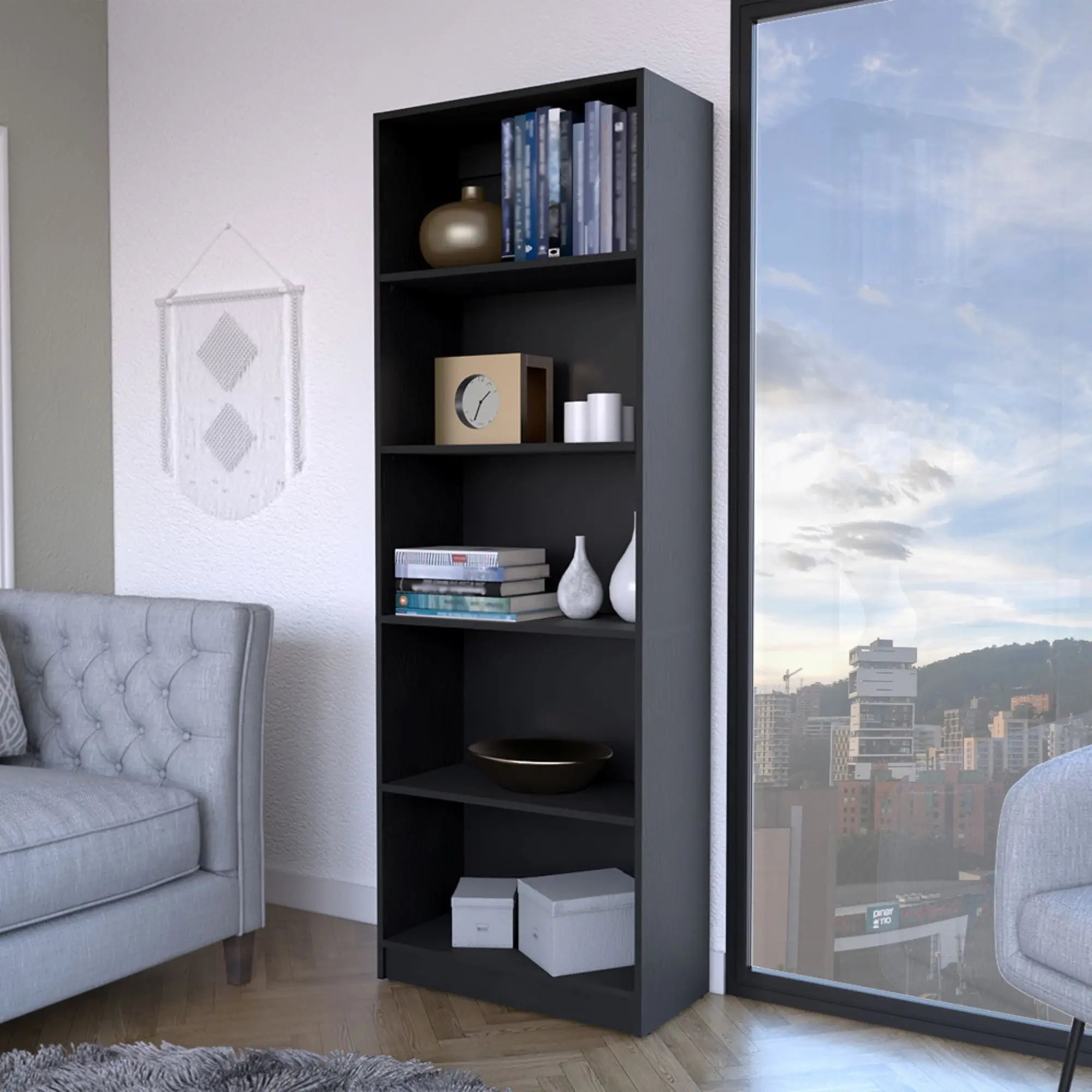71" Black Wood Five Tier Bookcase Homeroots Office