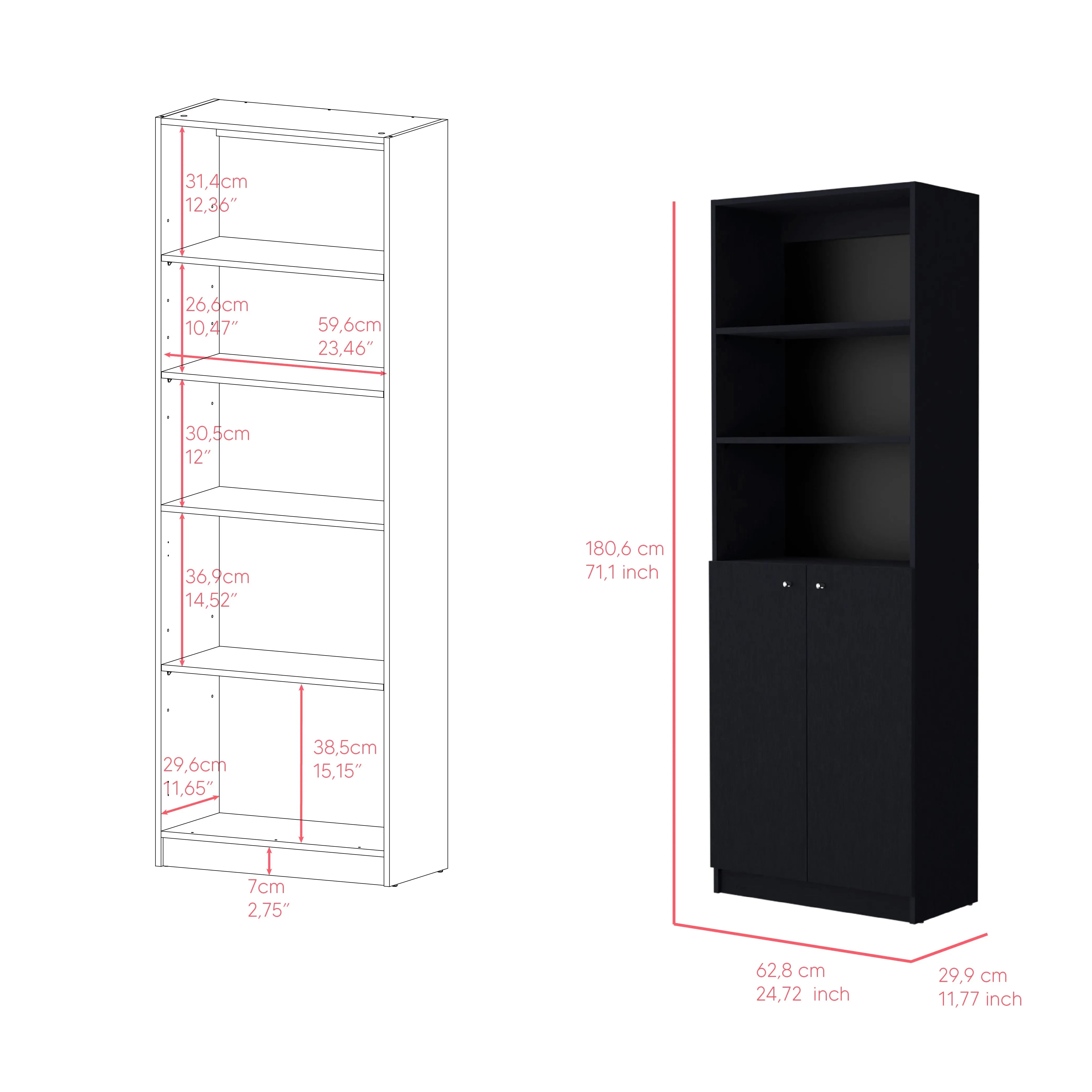 71" Black Wood Five Tier Bookcase with Two Doors Homeroots Office