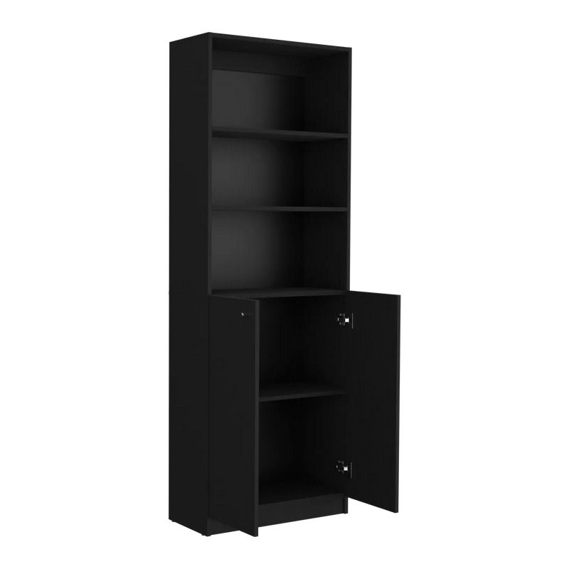 71" Black Wood Five Tier Bookcase with Two Doors Homeroots Office