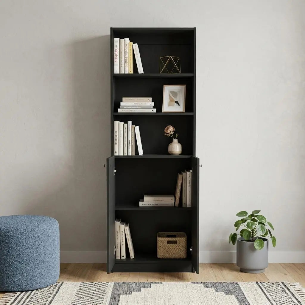 71" Black Wood Five Tier Bookcase with Two Doors Homeroots Office