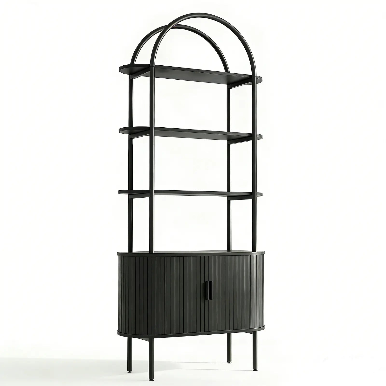 71" Black Wood Four Tier Arched Etagere Bookcase with Two Doors Homeroots Office