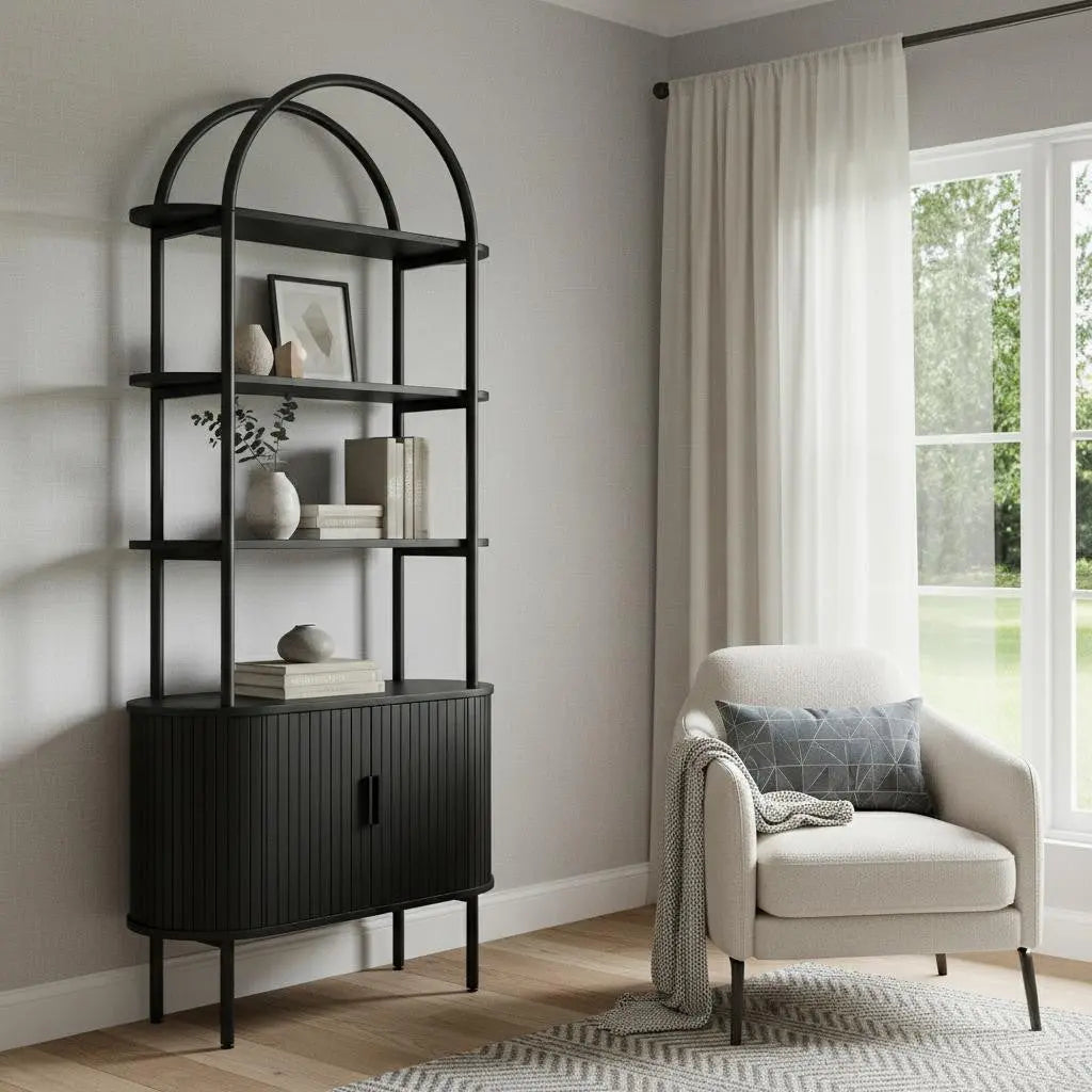 71" Black Wood Four Tier Arched Etagere Bookcase with Two Doors Homeroots Office