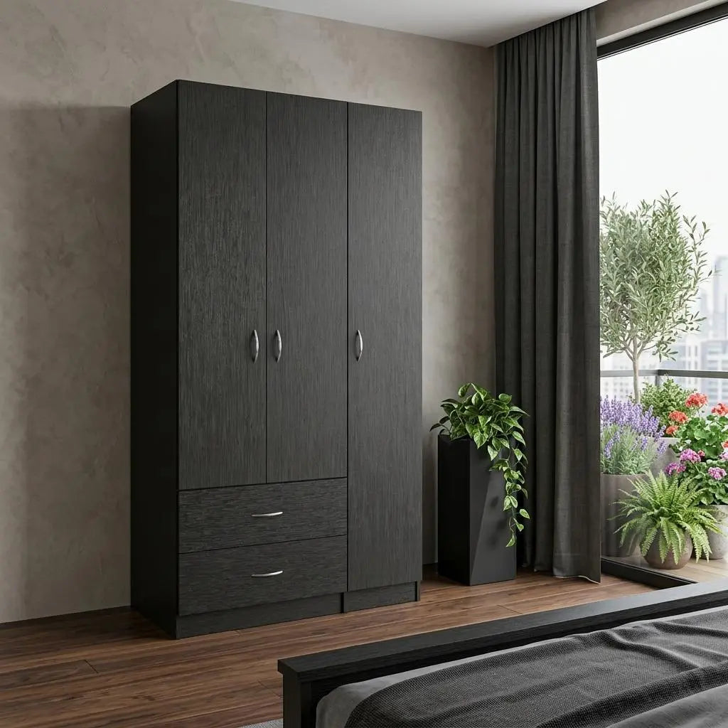 71" Black Wood Three Door Two Drawer Combo Dresser Homeroots Bed & Bath