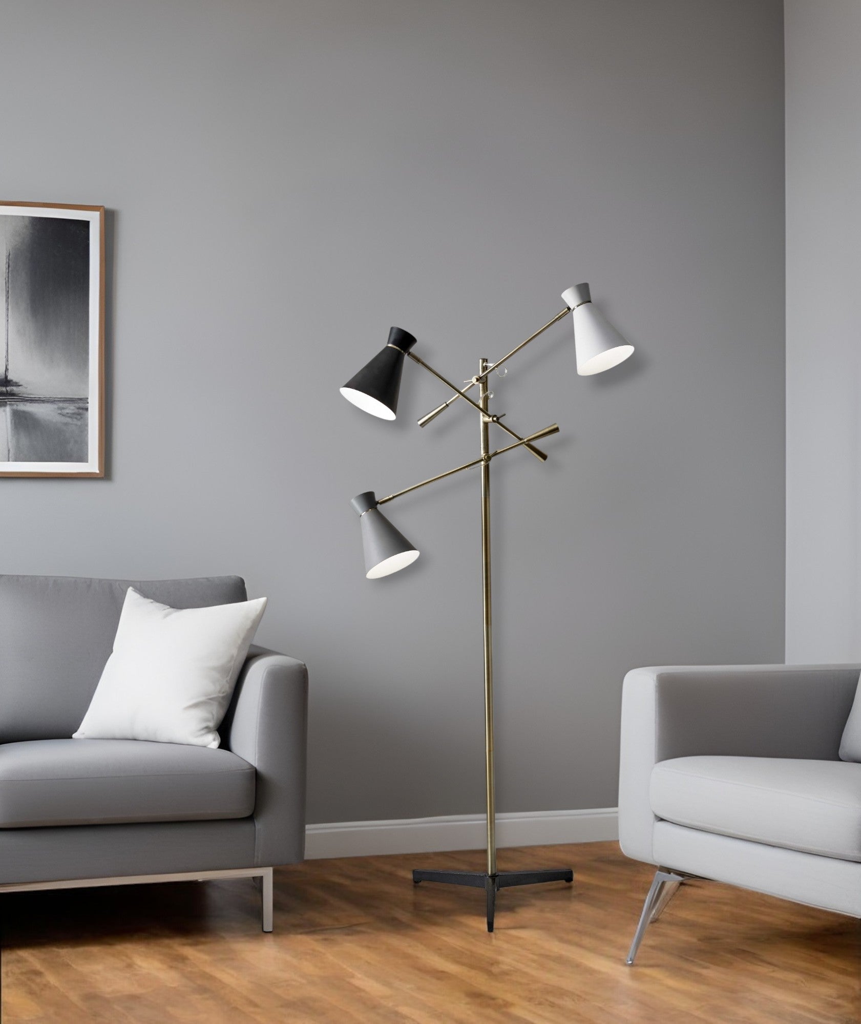 71" Brass Metal Novelty Floor Lamp With Black And White Iron Cone Shade - GreatEagleInc