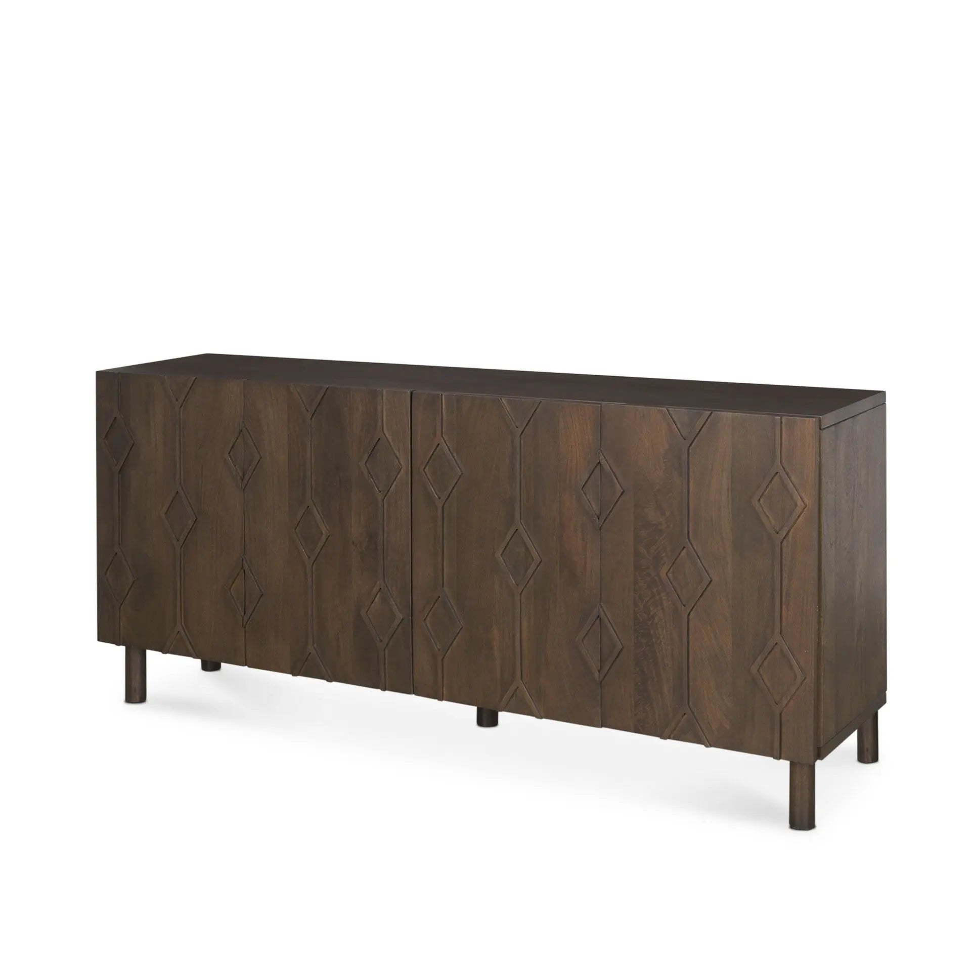 71" Dark Brown Solid Wood Carved Geometric Sideboard Soft Close with Four Doors Homeroots Kitchen & Dining