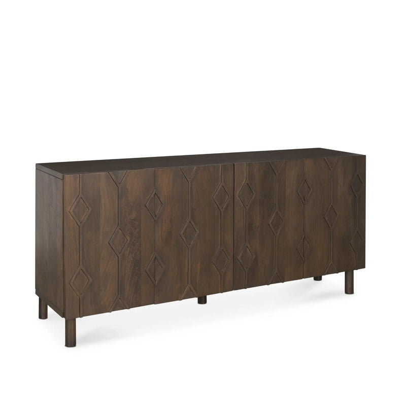 71" Dark Brown Solid Wood Carved Geometric Sideboard Soft Close with Four Doors Homeroots Kitchen & Dining