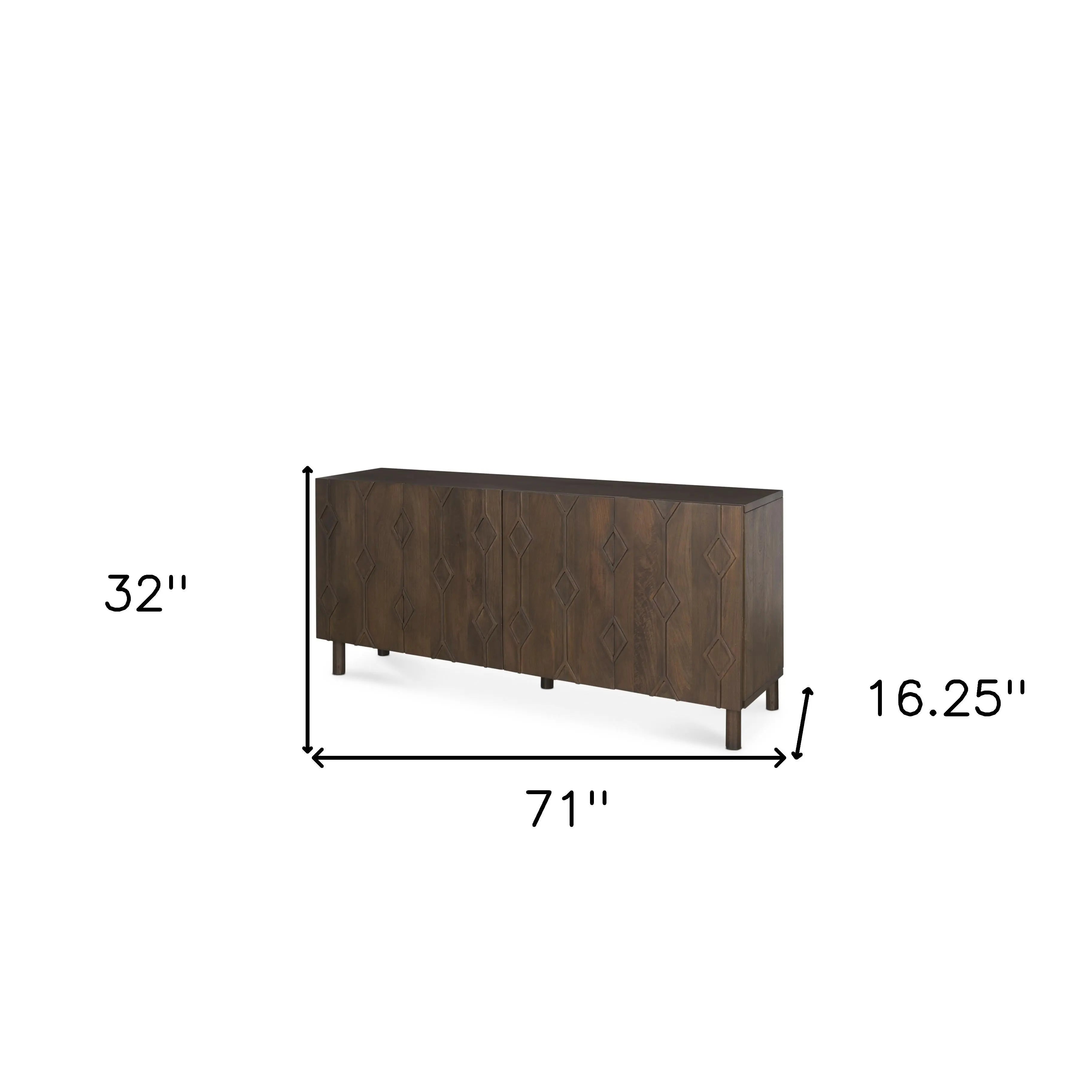 71" Dark Brown Solid Wood Carved Geometric Sideboard Soft Close with Four Doors Homeroots Kitchen & Dining