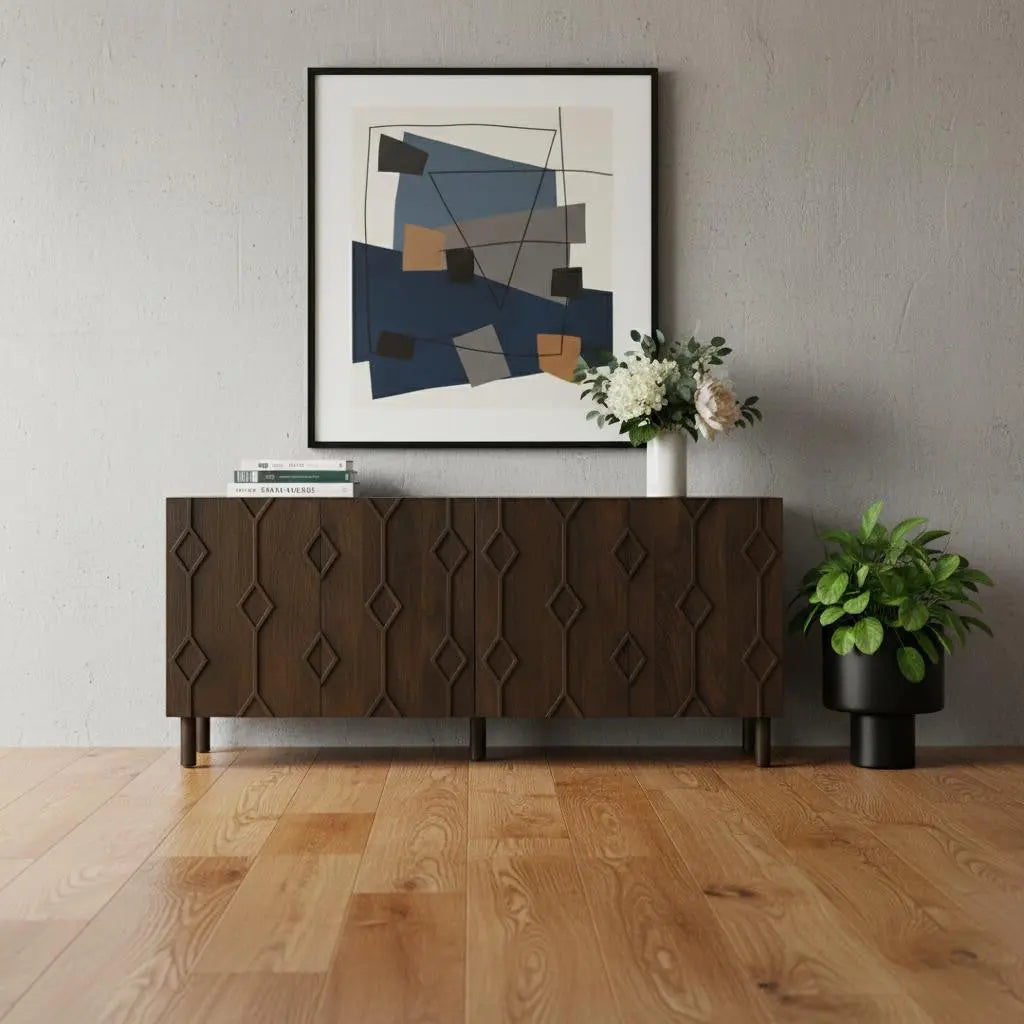 71" Dark Brown Solid Wood Carved Geometric Sideboard Soft Close with Four Doors Homeroots Kitchen & Dining