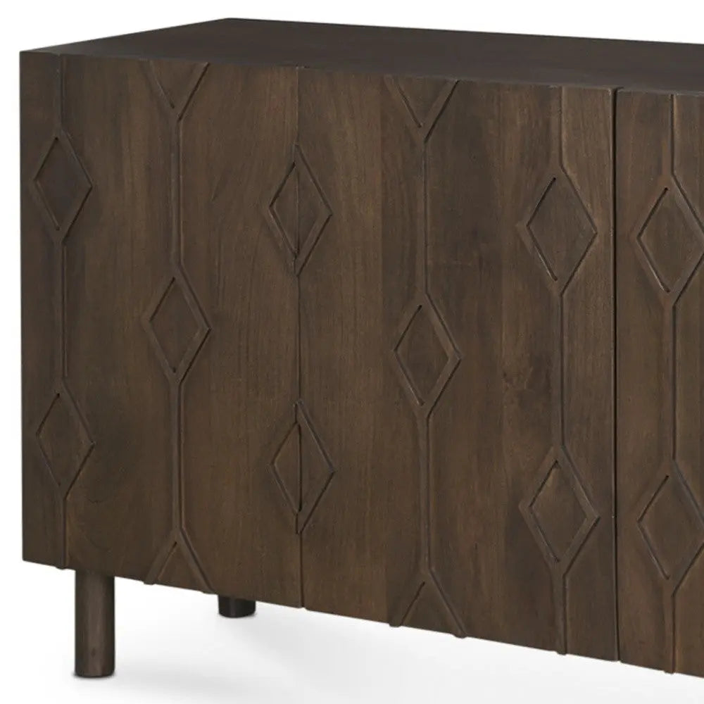 71" Dark Brown Solid Wood Carved Geometric Sideboard Soft Close with Four Doors Homeroots Kitchen & Dining