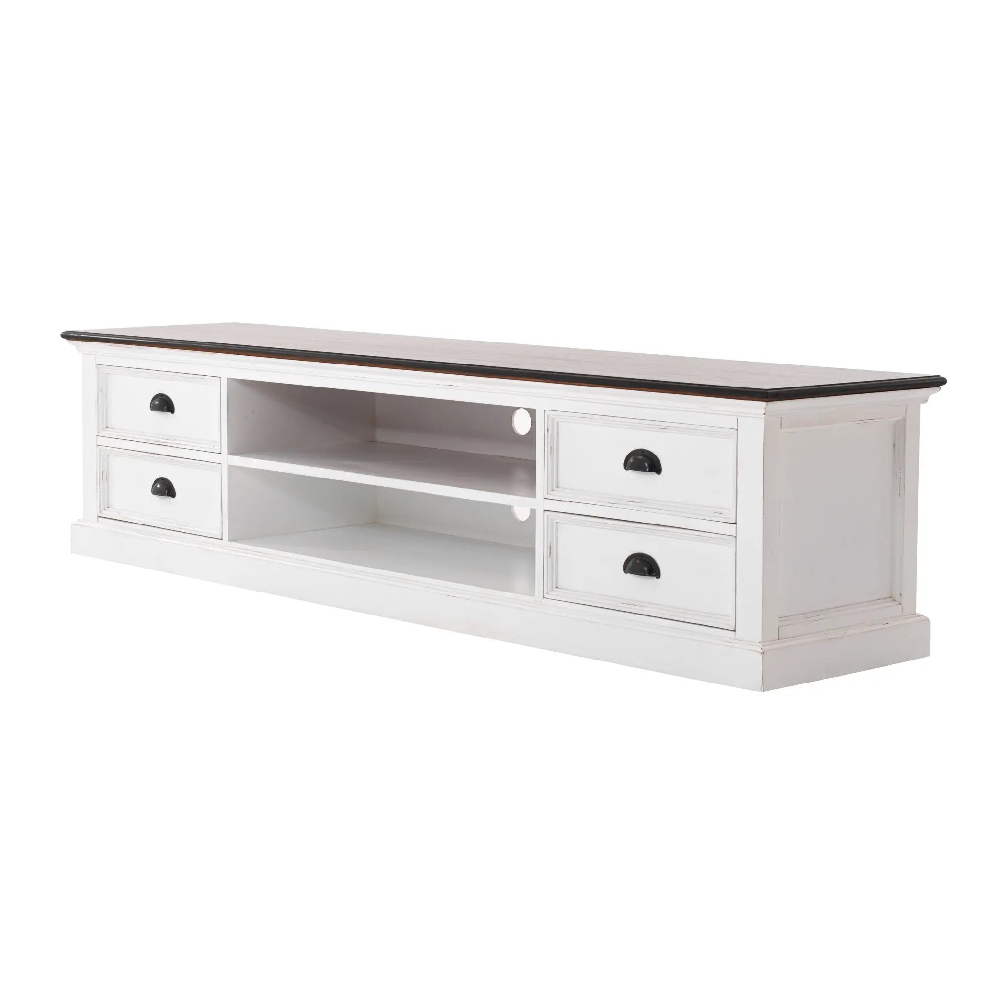 71" Distressed White and Brown Wood Entertainment Unit with Four Drawers Homeroots Living Room