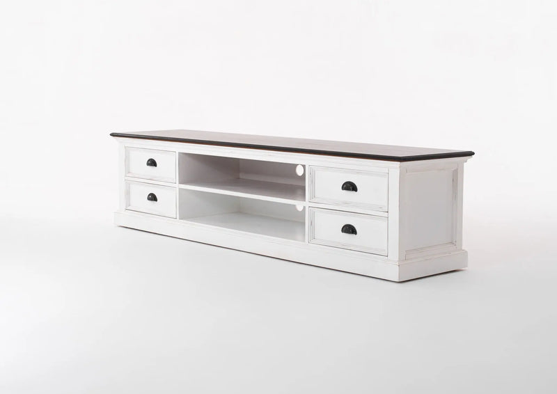 71" Distressed White and Brown Wood Entertainment Unit with Four Drawers Homeroots Living Room