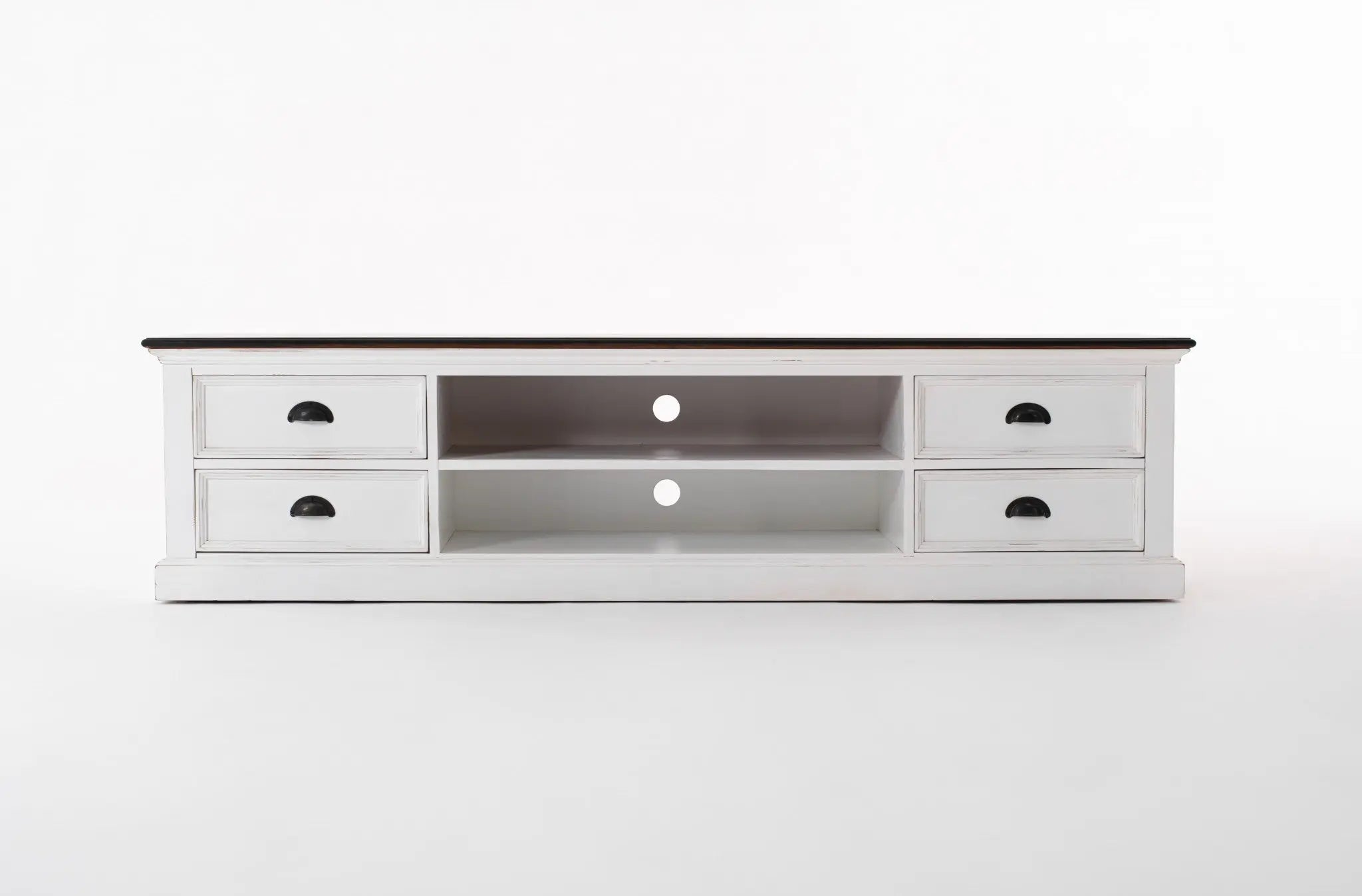 71" Distressed White and Brown Wood Entertainment Unit with Four Drawers Homeroots Living Room
