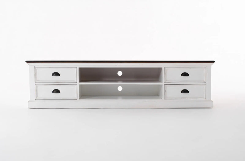 71" Distressed White and Brown Wood Entertainment Unit with Four Drawers Homeroots Living Room