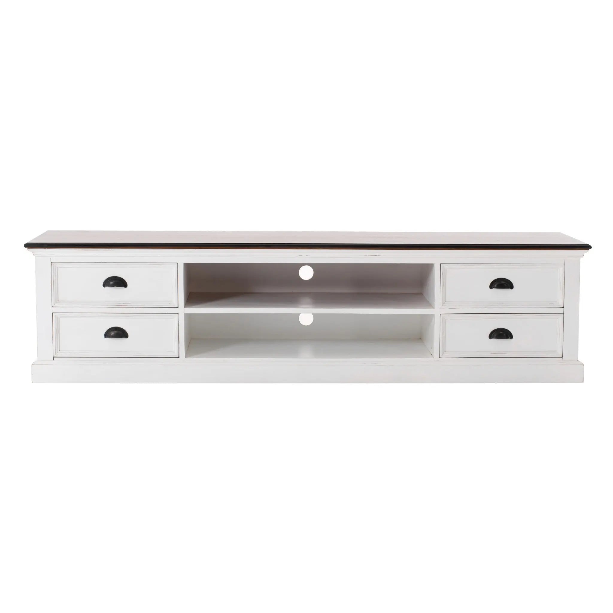71" Distressed White and Brown Wood Entertainment Unit with Four Drawers Homeroots Living Room
