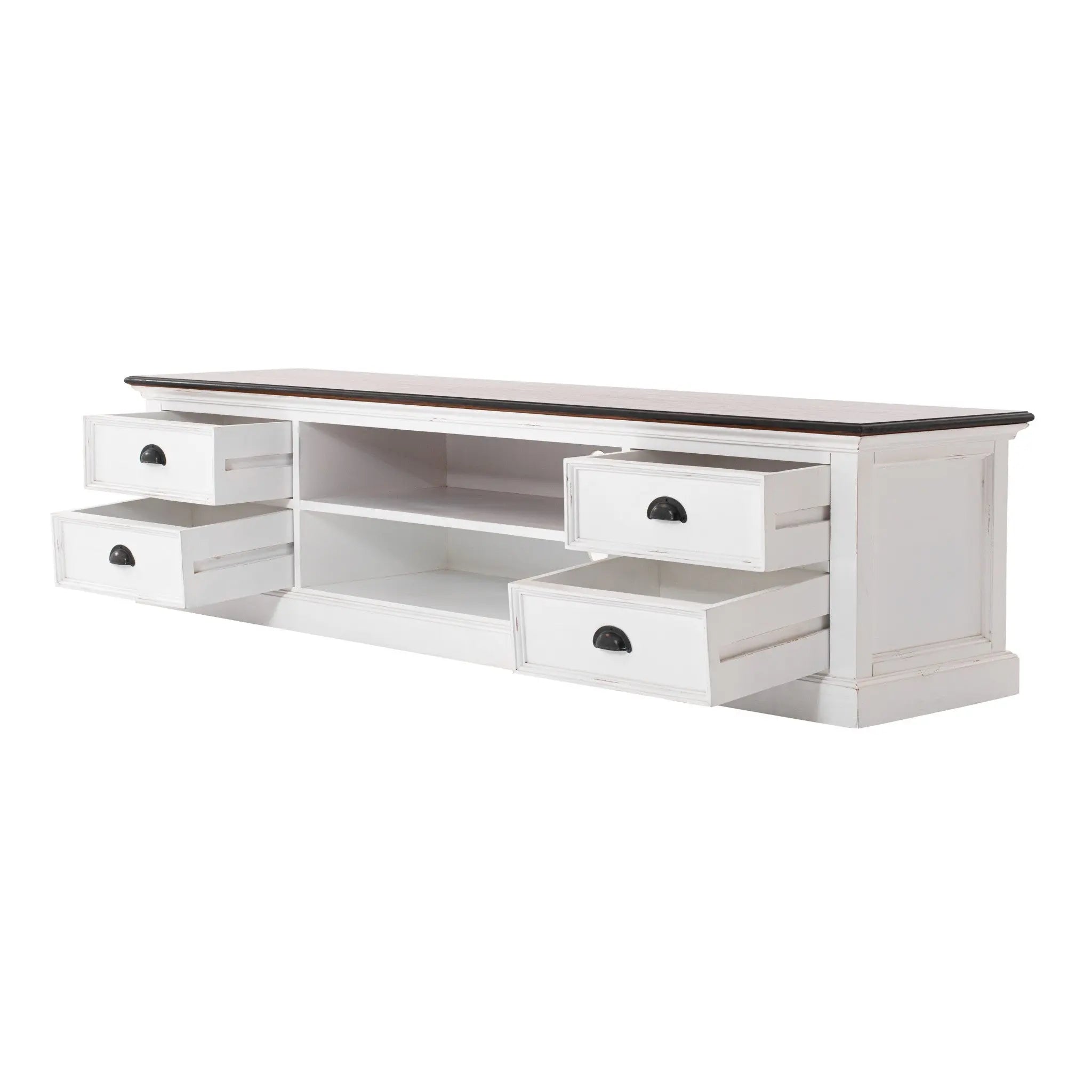 71" Distressed White and Brown Wood Entertainment Unit with Four Drawers Homeroots Living Room