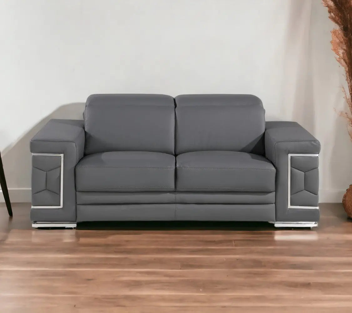 71" Gray And Silver Genuine Leather Loveseat Homeroots Living Room