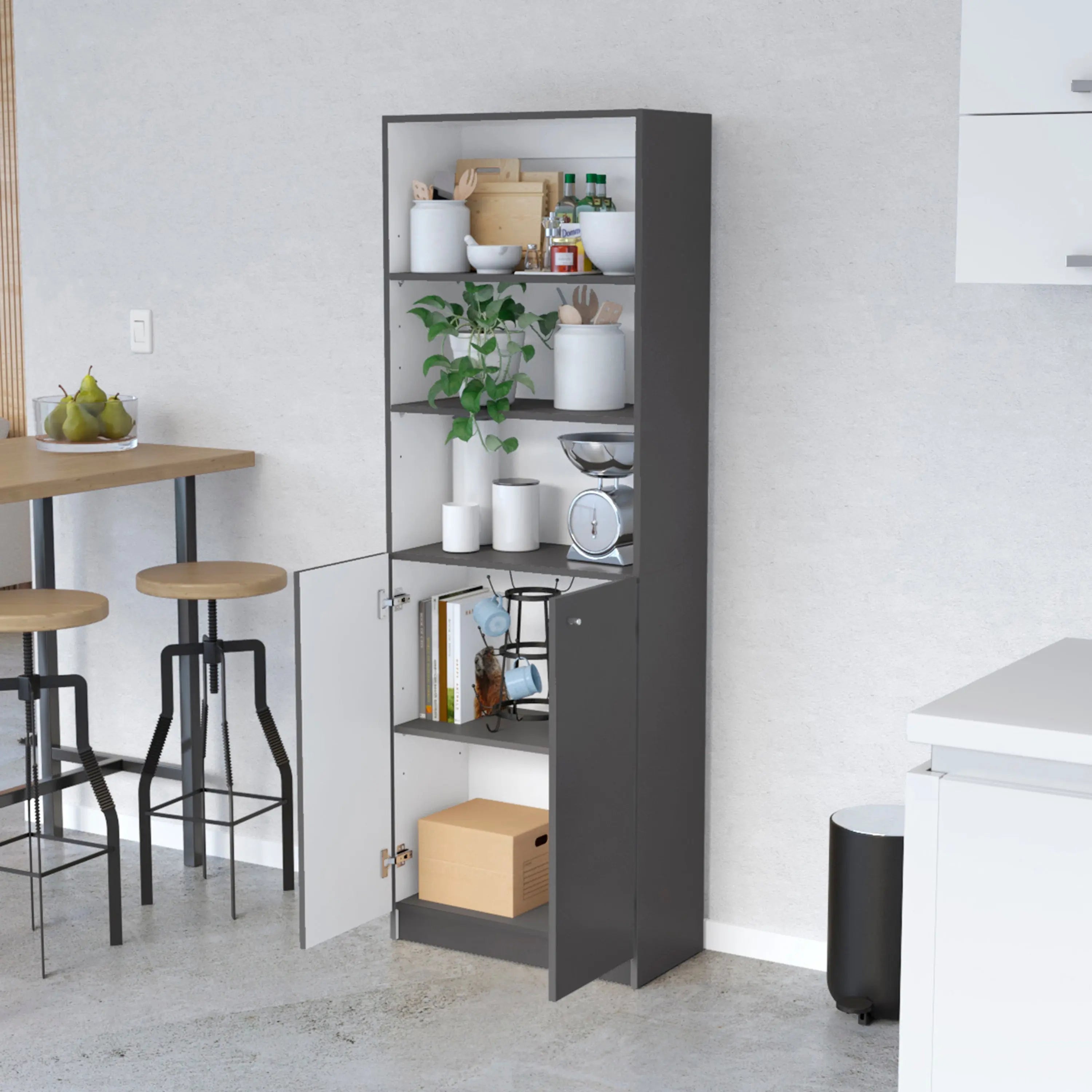 71" Gray And White Wood Three Tier Bookcase with Two Doors Homeroots Office