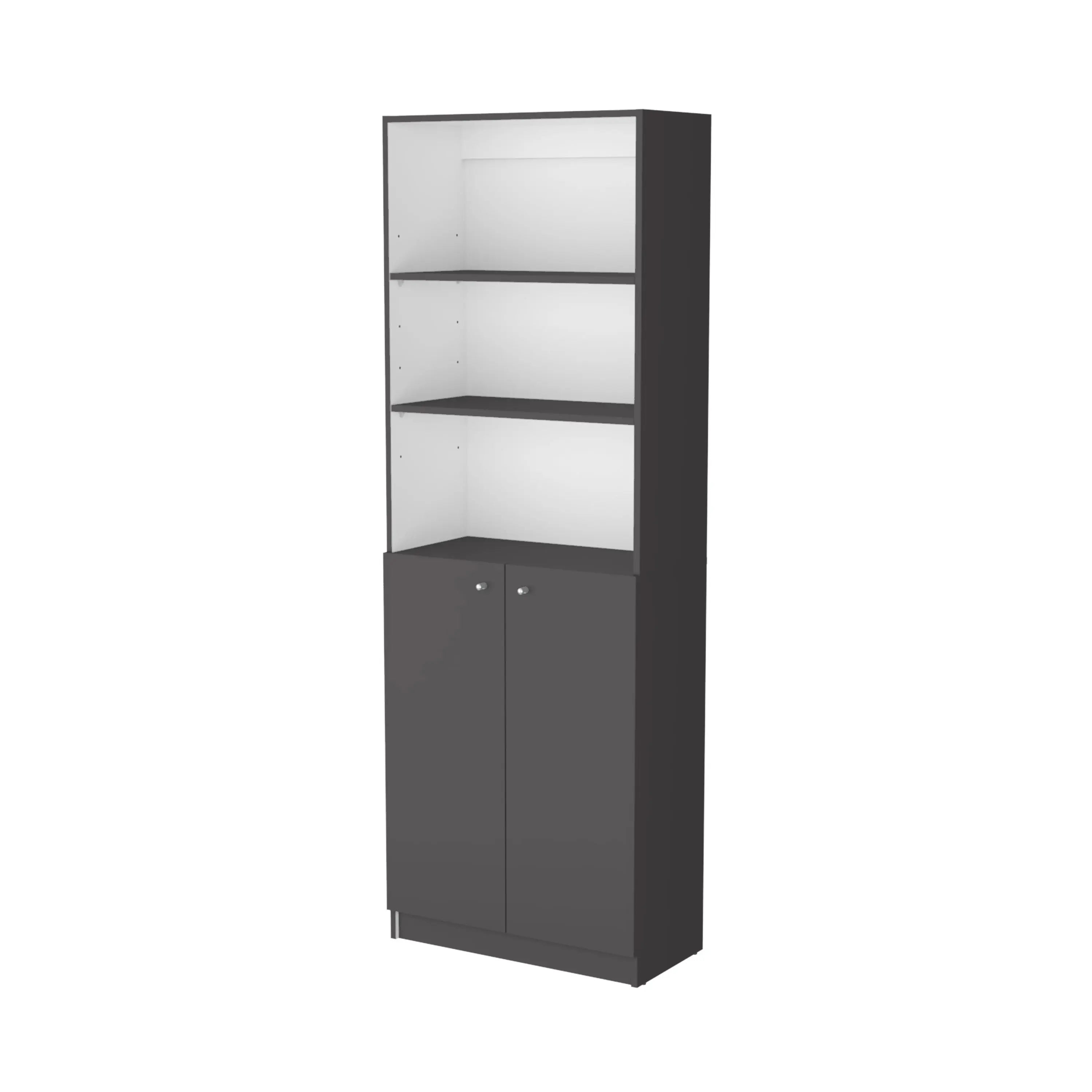 71" Gray And White Wood Three Tier Bookcase with Two Doors Homeroots Office