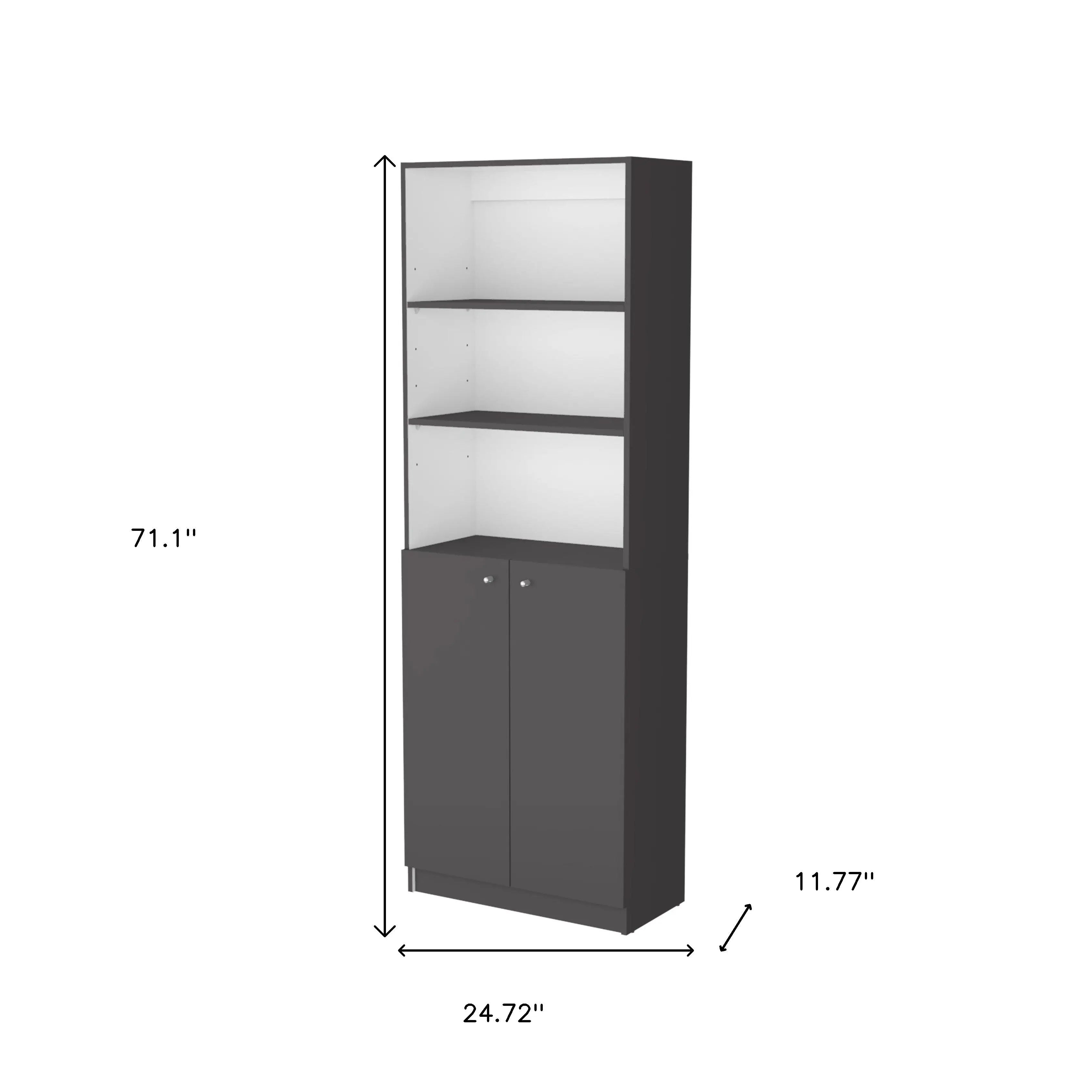 71" Gray And White Wood Three Tier Bookcase with Two Doors Homeroots Office