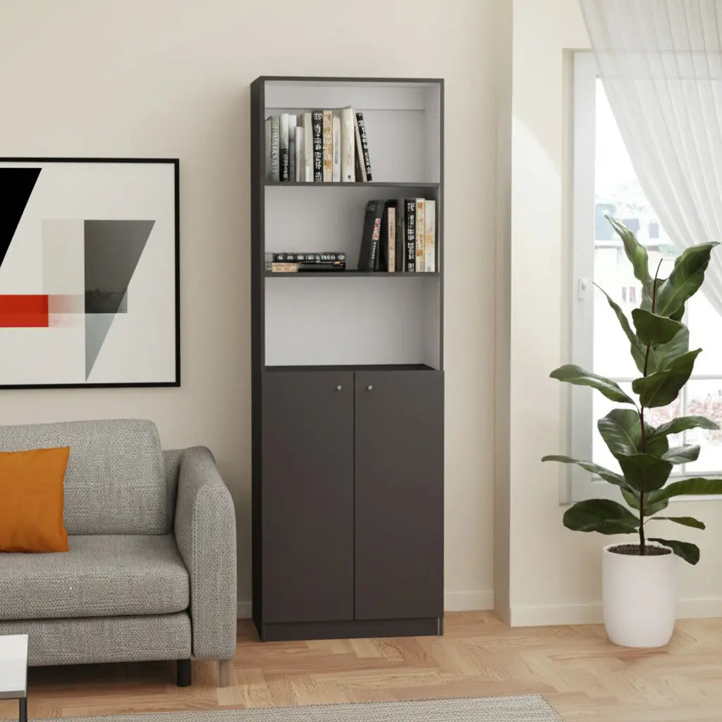 71" Gray And White Wood Three Tier Bookcase with Two Doors Homeroots Office