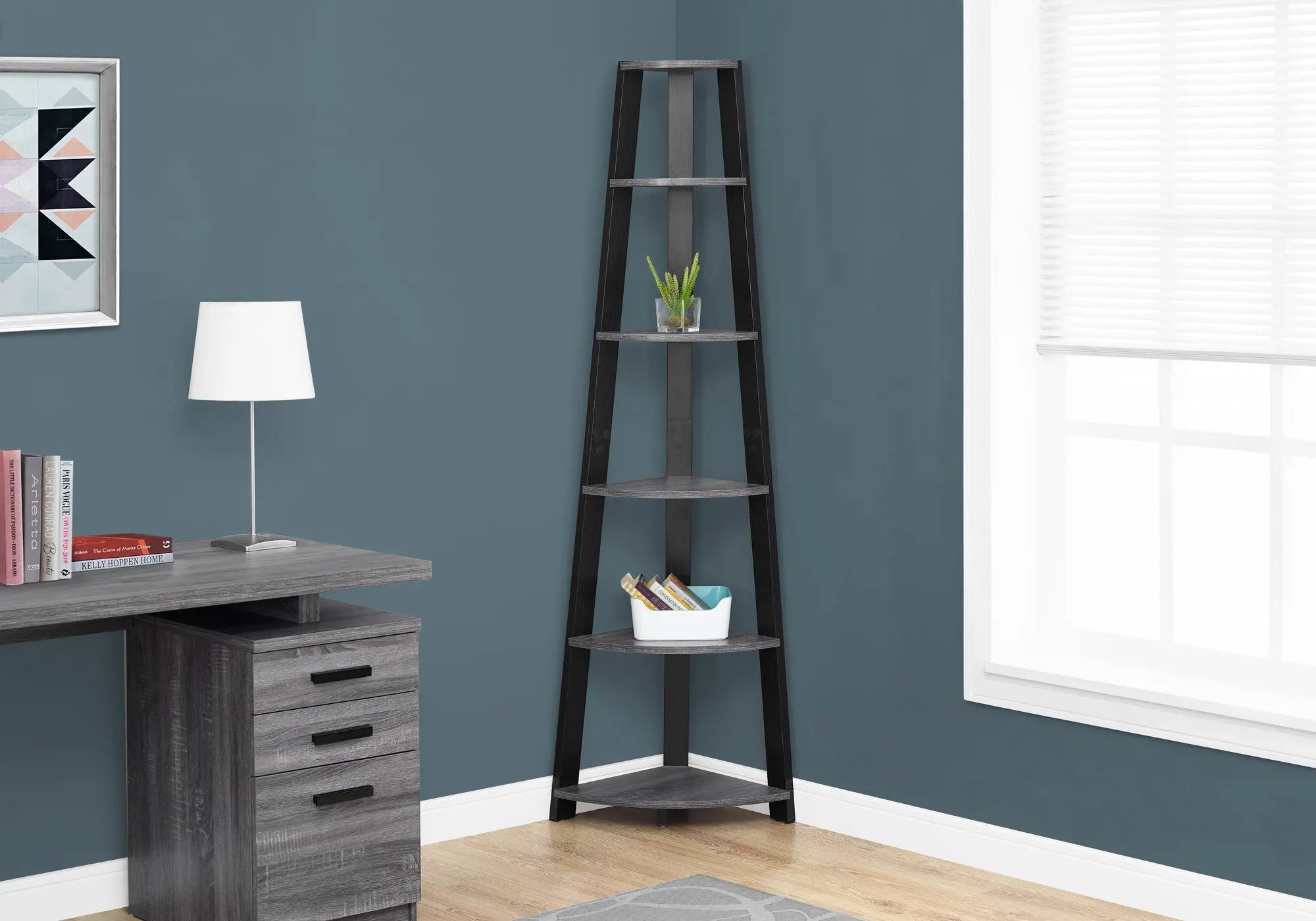 71" Gray Wood Five Tier Corner Bookcase Homeroots Office