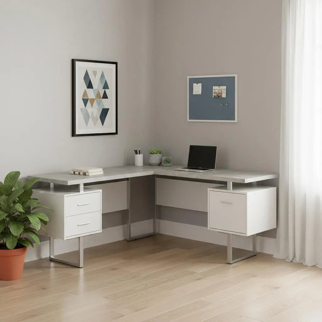 71" Gray and Silver L Shape Computer Desk With Three Drawers - GreatEagleInc