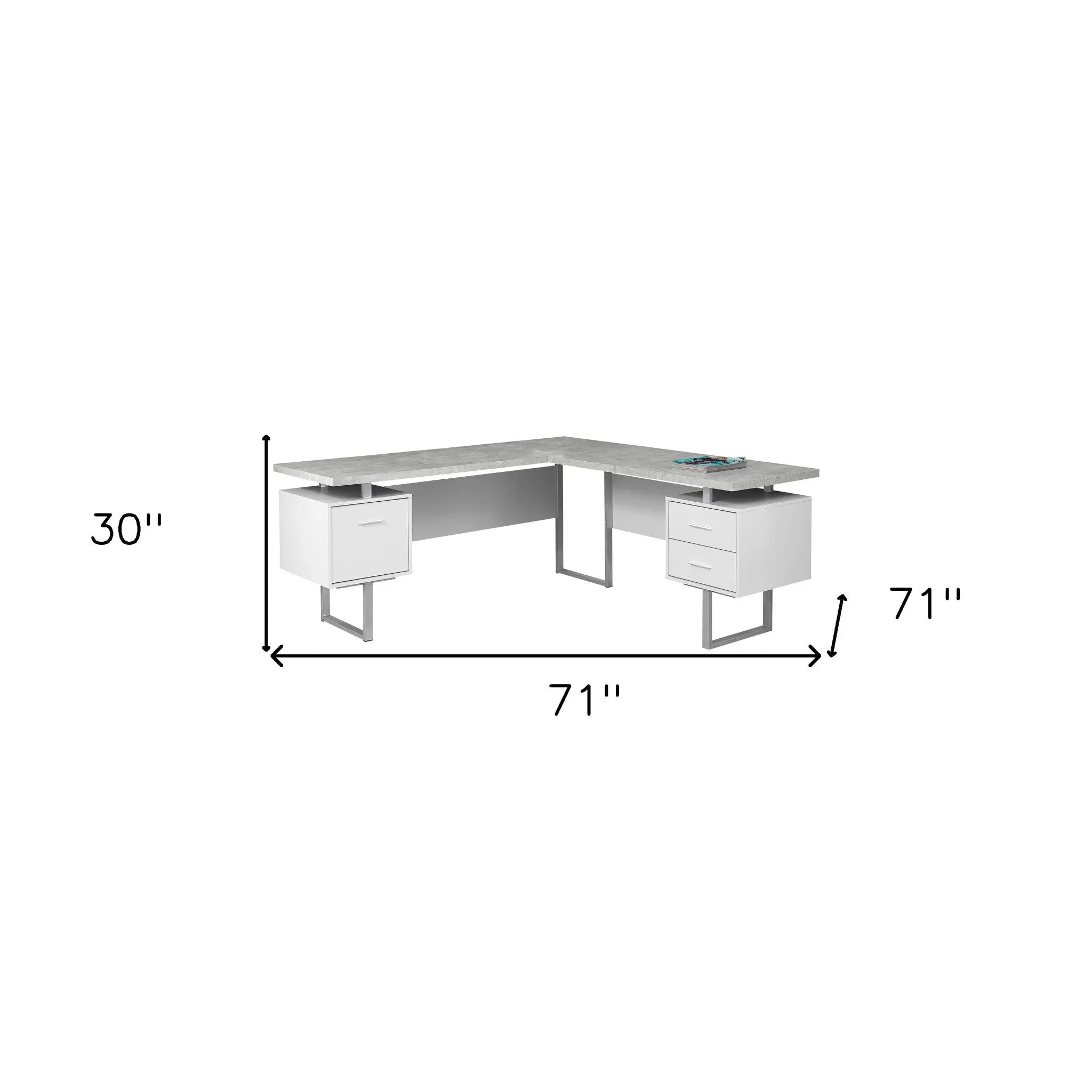 71" Gray and Silver L Shape Computer Desk With Three Drawers - GreatEagleInc