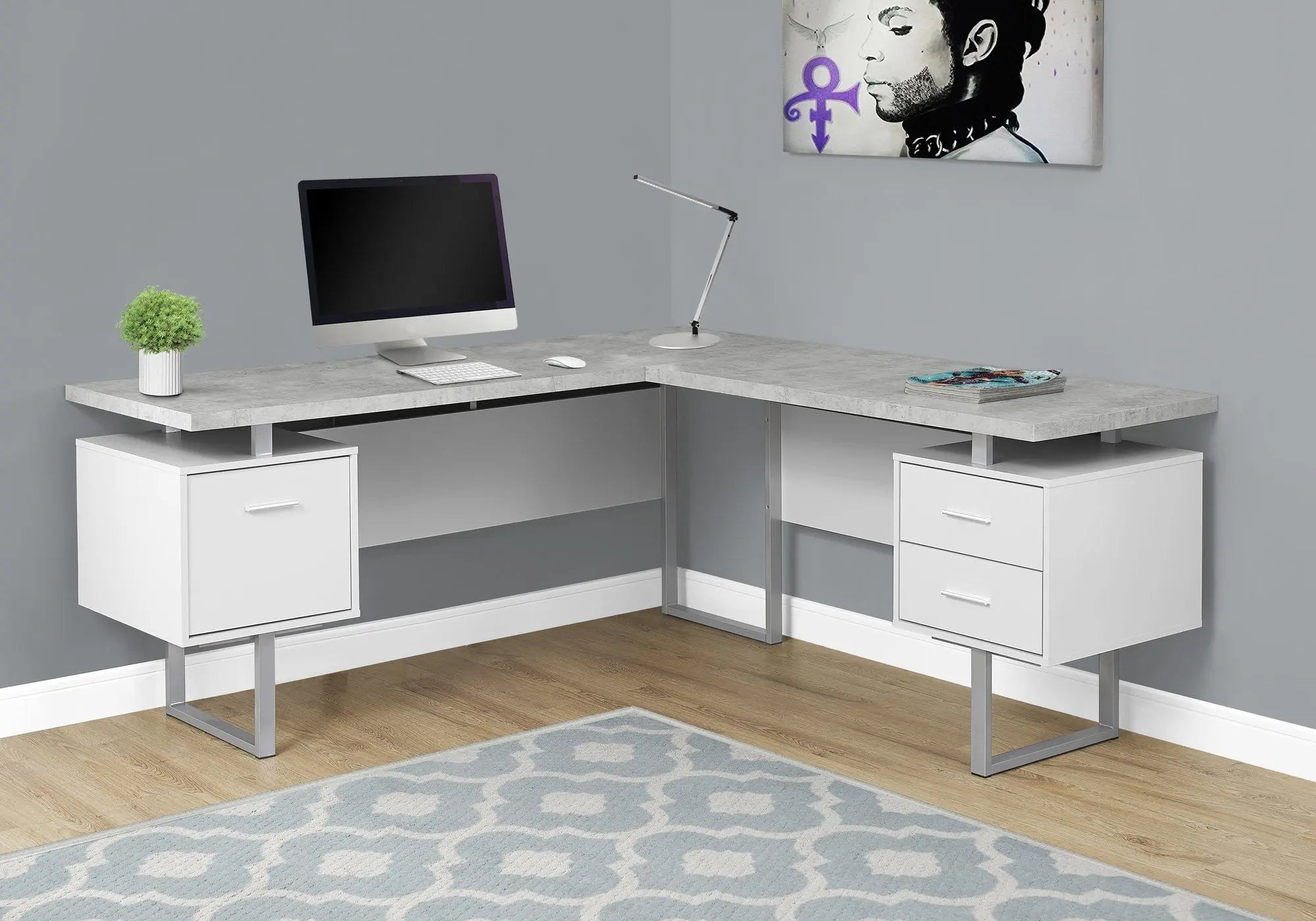 71" Gray and Silver L Shape Computer Desk With Three Drawers - GreatEagleInc