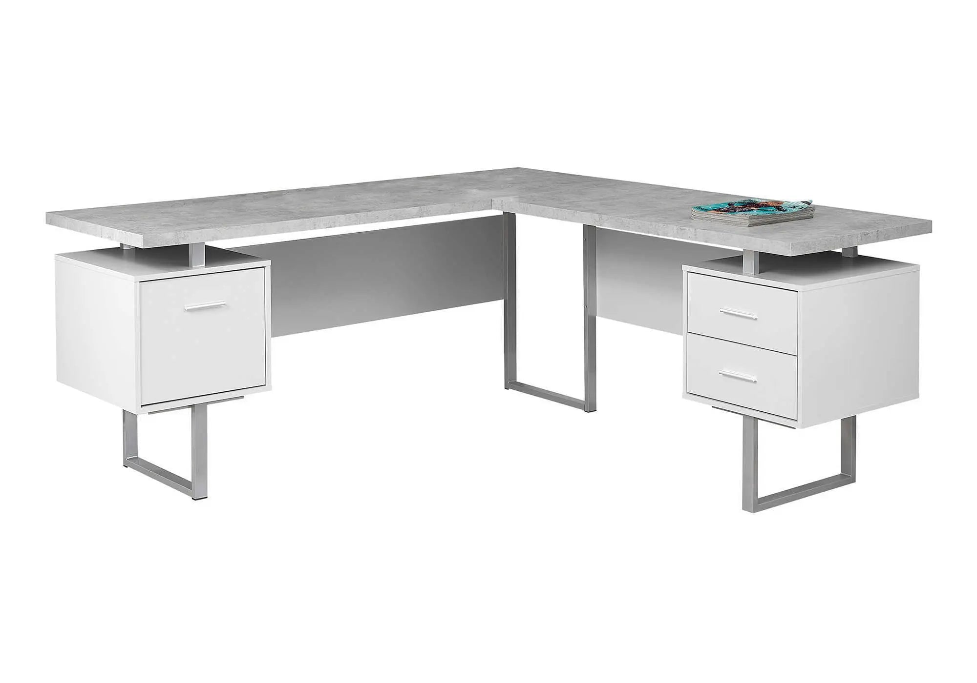 71" Gray and Silver L Shape Computer Desk With Three Drawers - GreatEagleInc