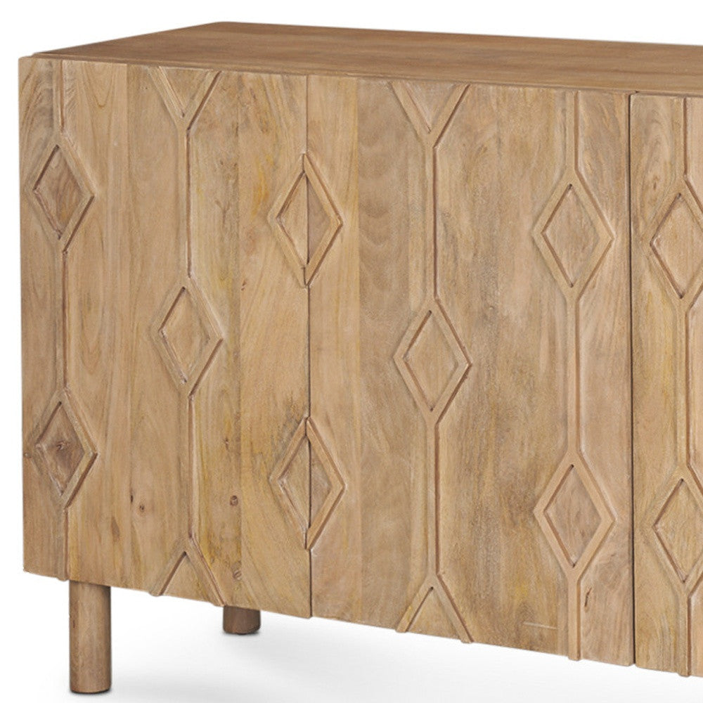 71" Light Brown Solid Wood Carved Geometric Sideboard Soft Close with Four Doors Homeroots Kitchen & Dining