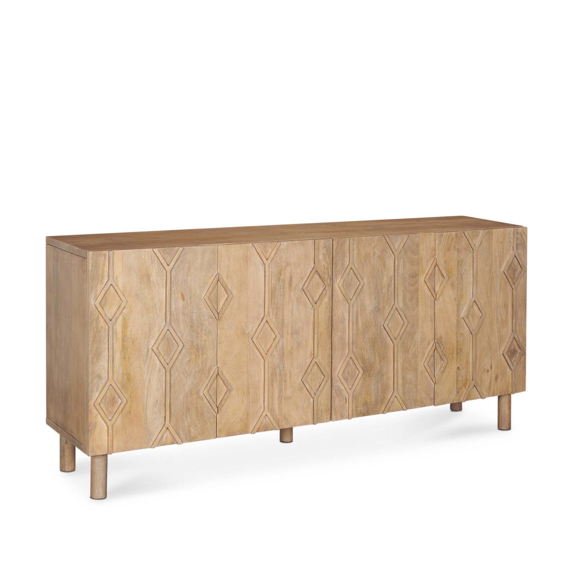 71" Light Brown Solid Wood Carved Geometric Sideboard Soft Close with Four Doors Homeroots Kitchen & Dining