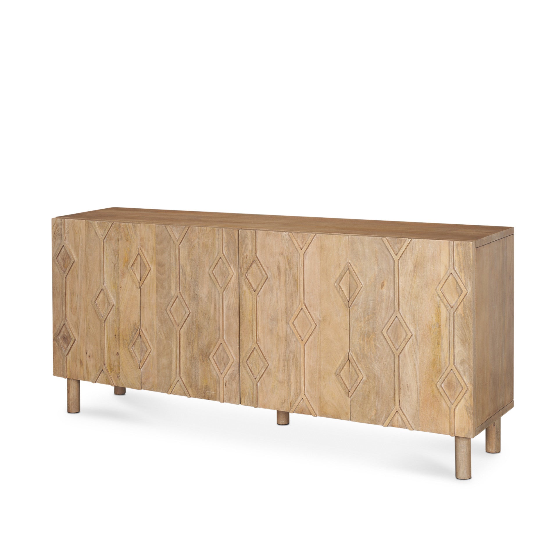 71" Light Brown Solid Wood Carved Geometric Sideboard Soft Close with Four Doors Homeroots Kitchen & Dining