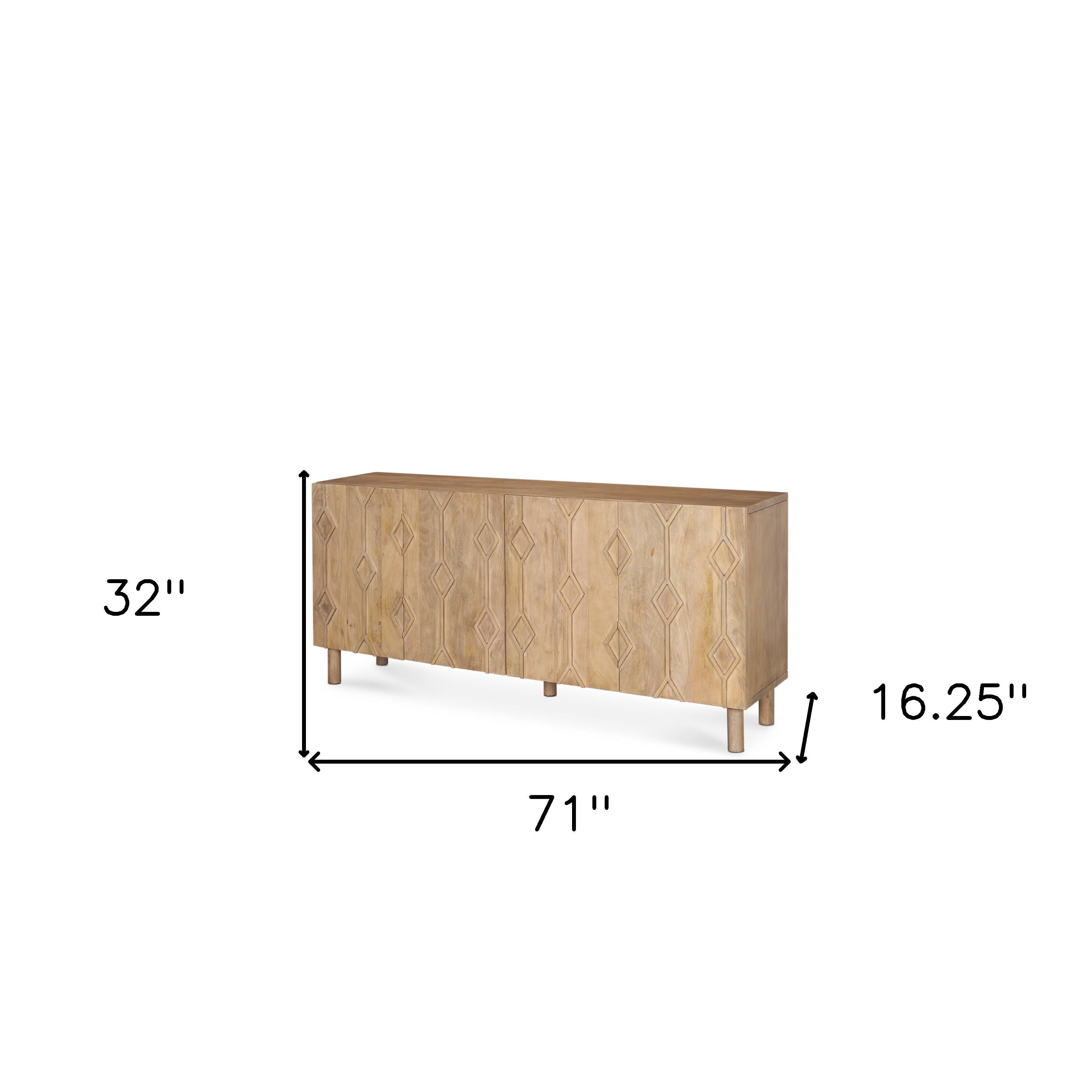 71" Light Brown Solid Wood Carved Geometric Sideboard Soft Close with Four Doors Homeroots Kitchen & Dining