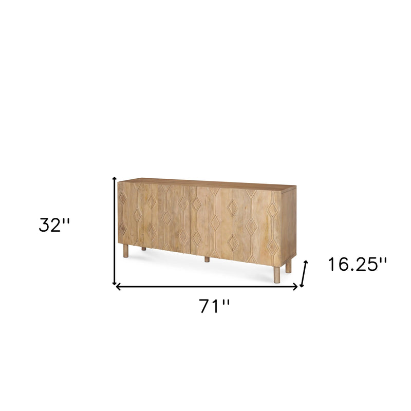 71" Light Brown Solid Wood Carved Geometric Sideboard Soft Close with Four Doors Homeroots Kitchen & Dining