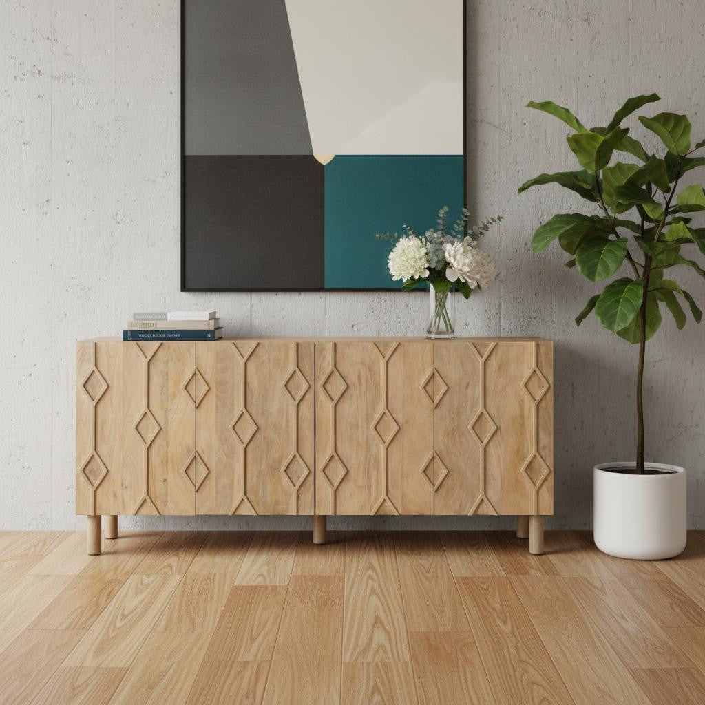 71" Light Brown Solid Wood Carved Geometric Sideboard Soft Close with Four Doors Homeroots Kitchen & Dining
