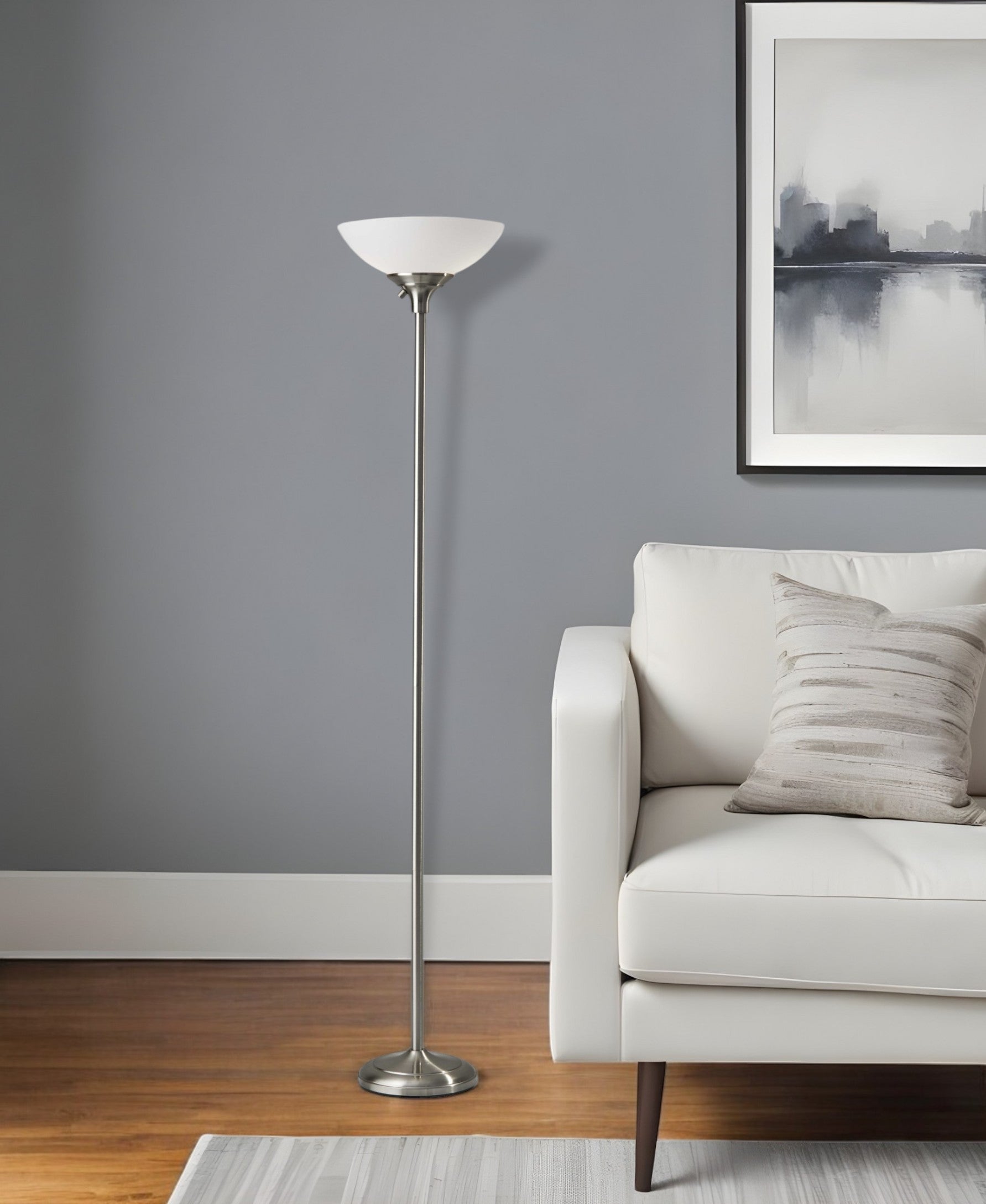 71" Silver Metal Torchiere Floor Lamp With White Bowl Shade - GreatEagleInc