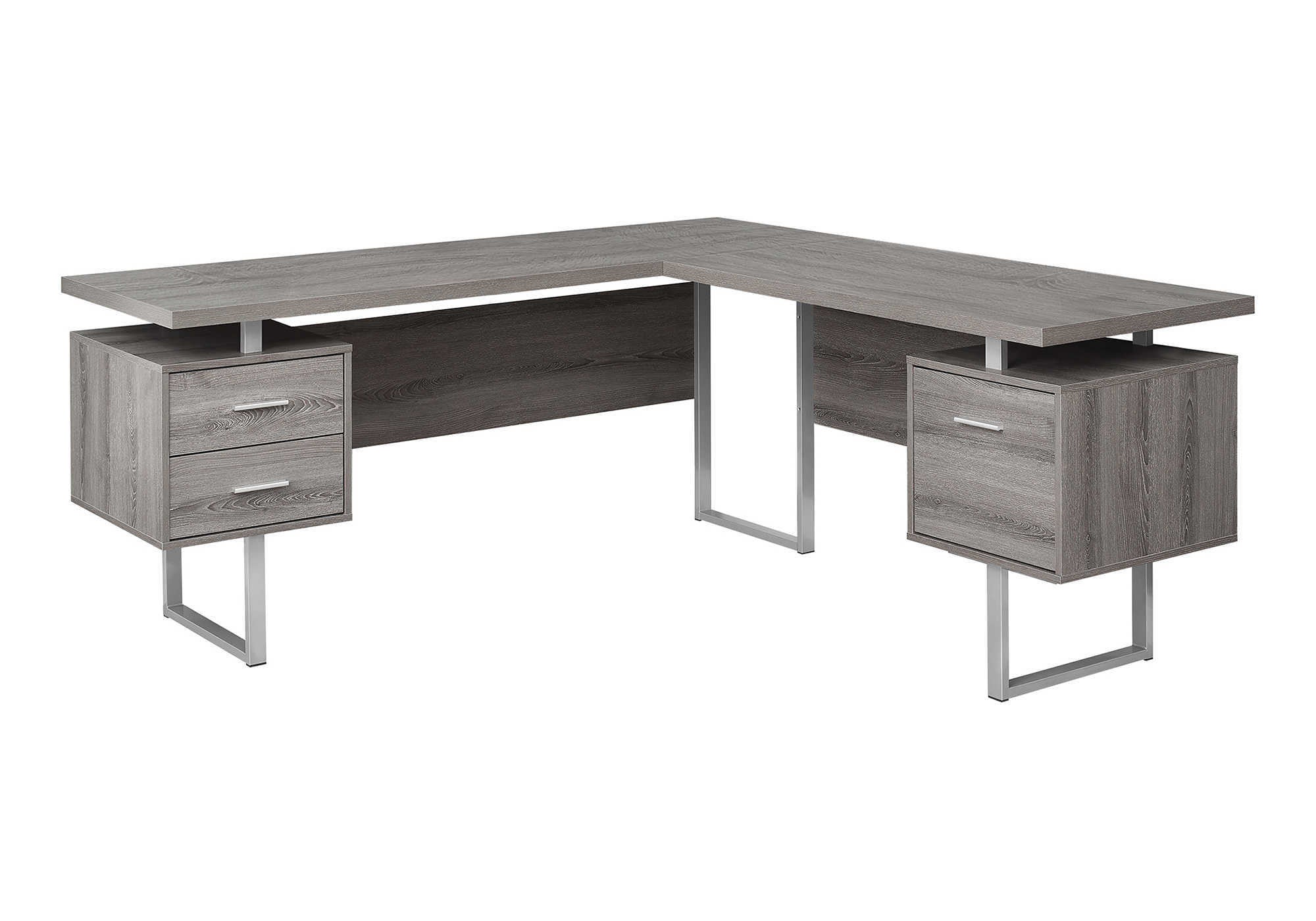 71" Taupe and Silver L Shape Computer Desk With Three Drawers - GreatEagleInc