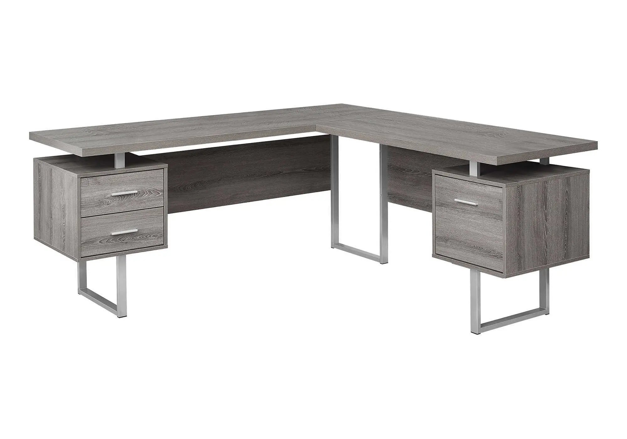 71" Taupe and Silver L Shape Computer Desk With Three Drawers - GreatEagleInc