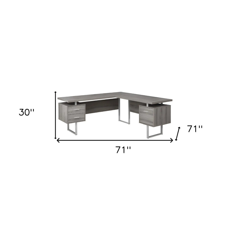 71" Taupe and Silver L Shape Computer Desk With Three Drawers - GreatEagleInc