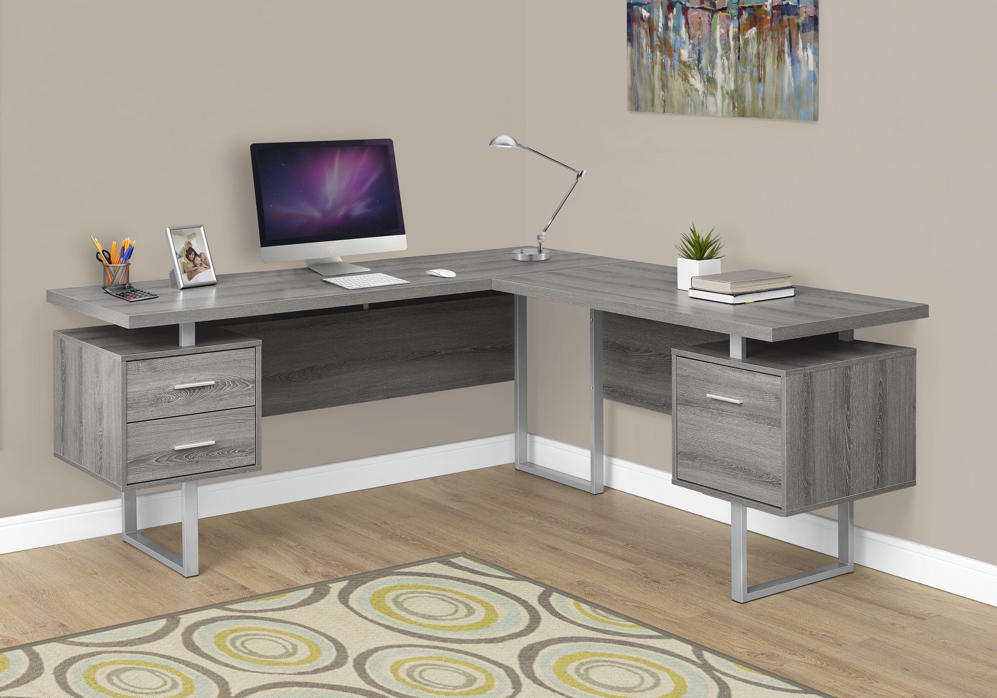 71" Taupe and Silver L Shape Computer Desk With Three Drawers - GreatEagleInc