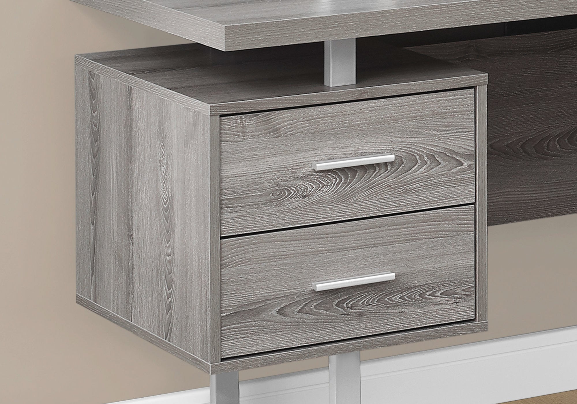 71" Taupe and Silver L Shape Computer Desk With Three Drawers - GreatEagleInc