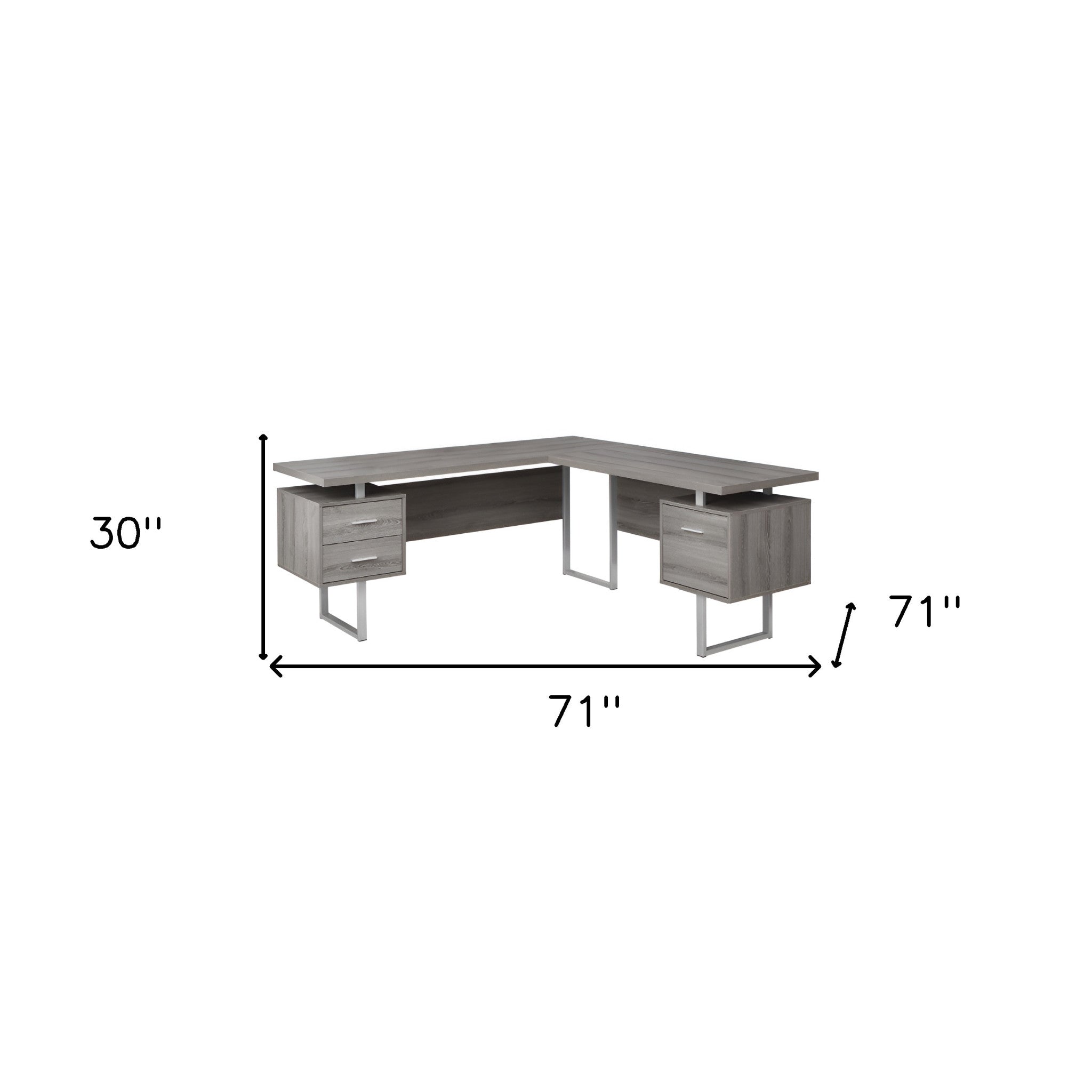 71" Taupe and Silver L Shape Computer Desk With Three Drawers - GreatEagleInc