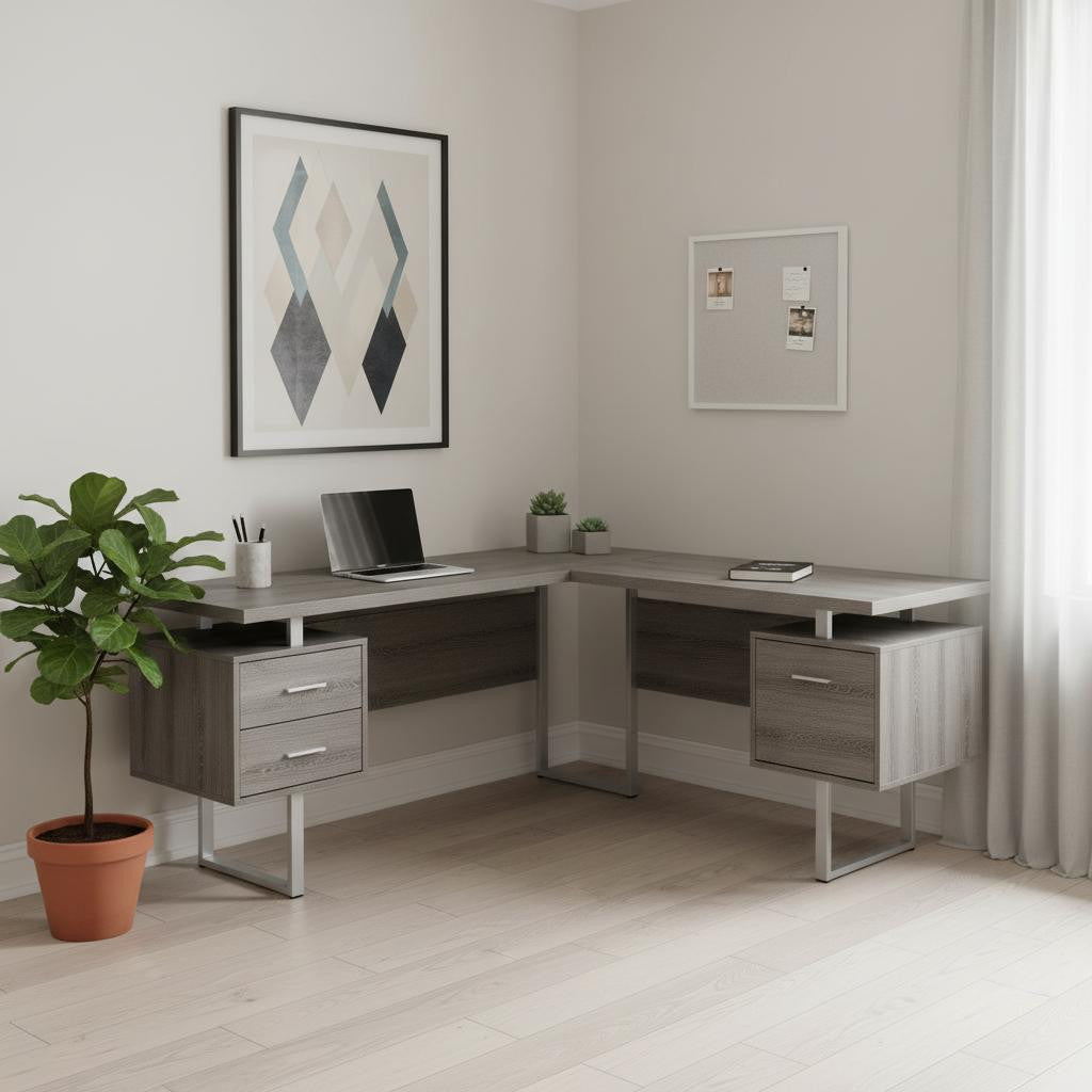 71" Taupe and Silver L Shape Computer Desk With Three Drawers - GreatEagleInc
