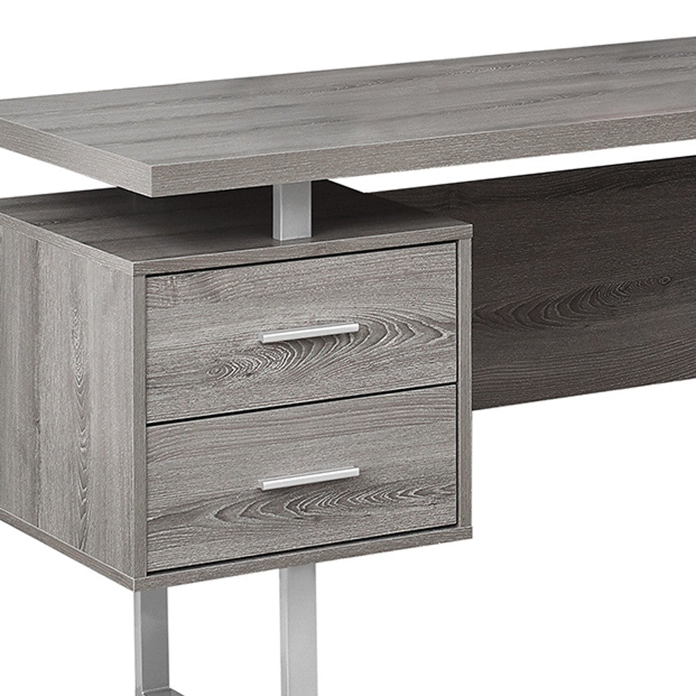 71" Taupe and Silver L Shape Computer Desk With Three Drawers - GreatEagleInc