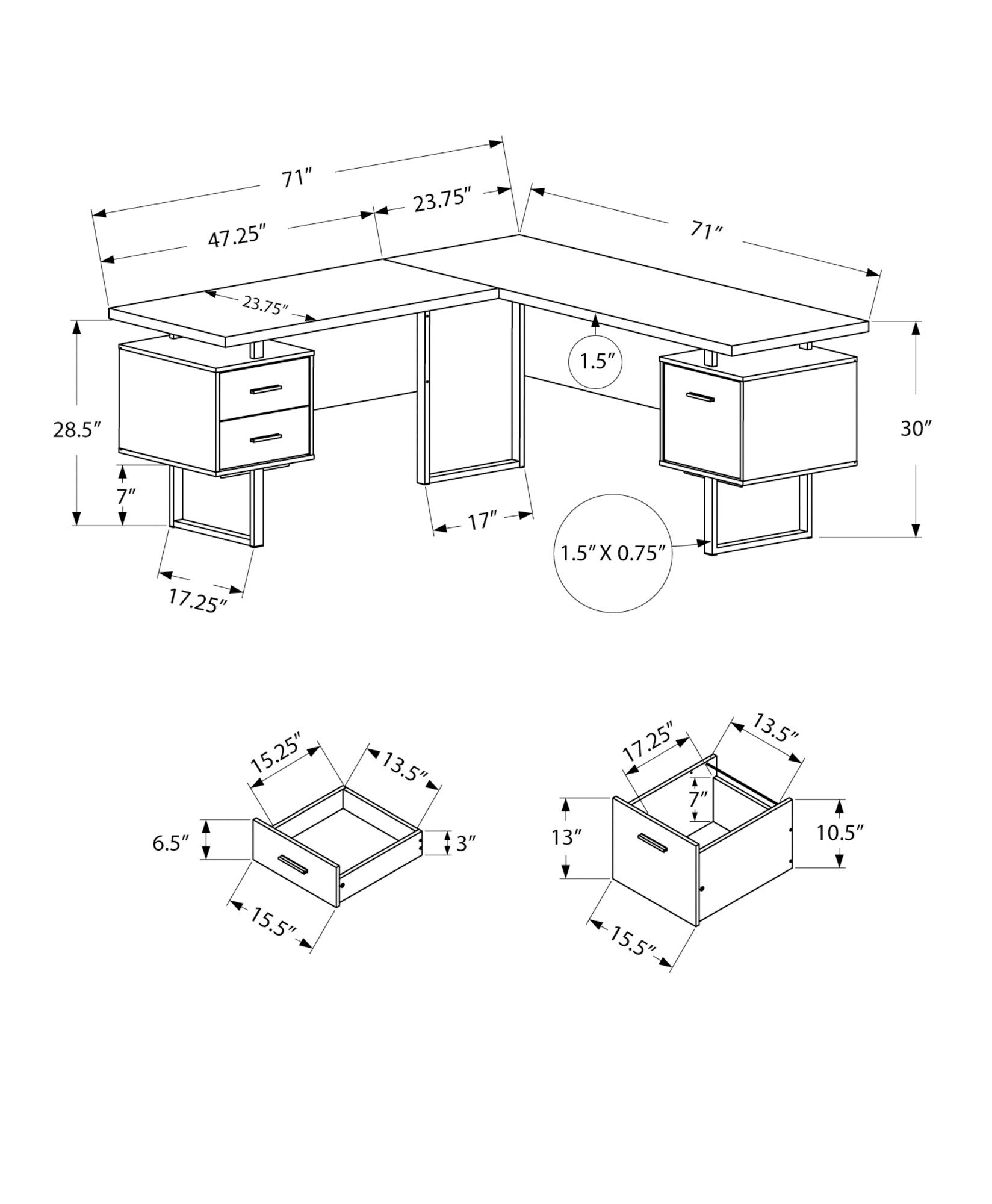 71" Taupe and Silver L Shape Computer Desk With Three Drawers - GreatEagleInc