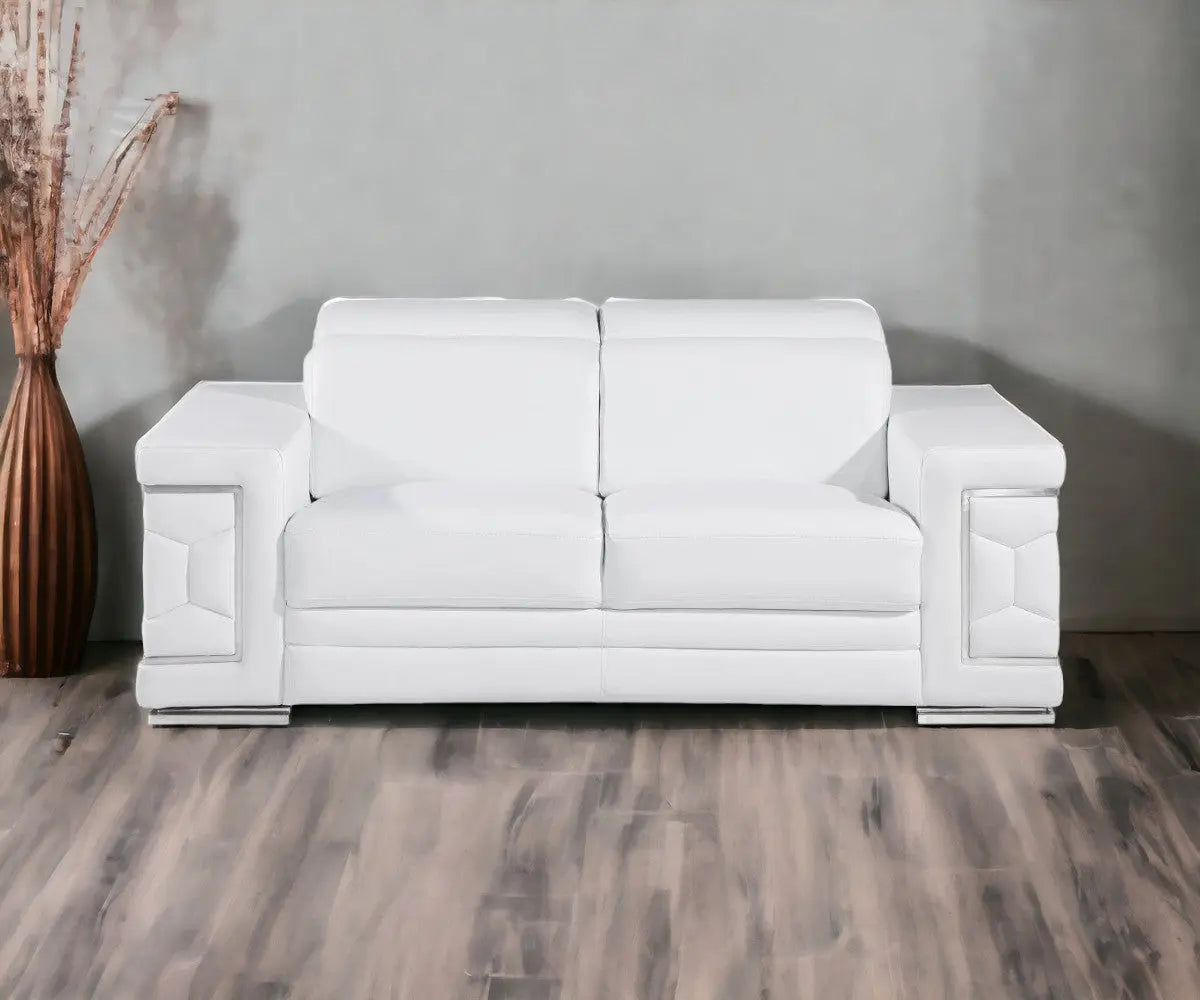 71" White And Silver Genuine Leather Love Seat Homeroots Living Room