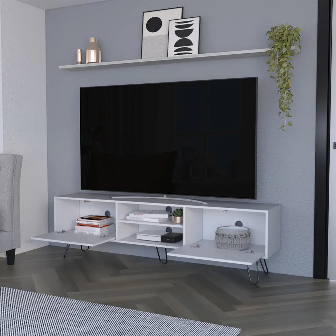 71" White Cabinet Open And Enclosed Storage TV Stand Homeroots Living Room