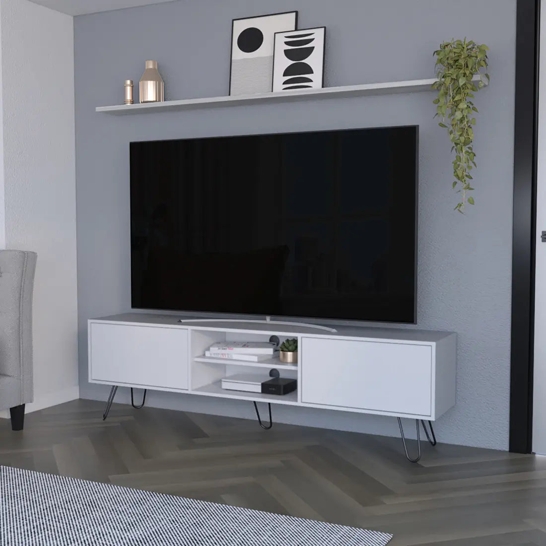 71" White Cabinet Open And Enclosed Storage TV Stand Homeroots Living Room