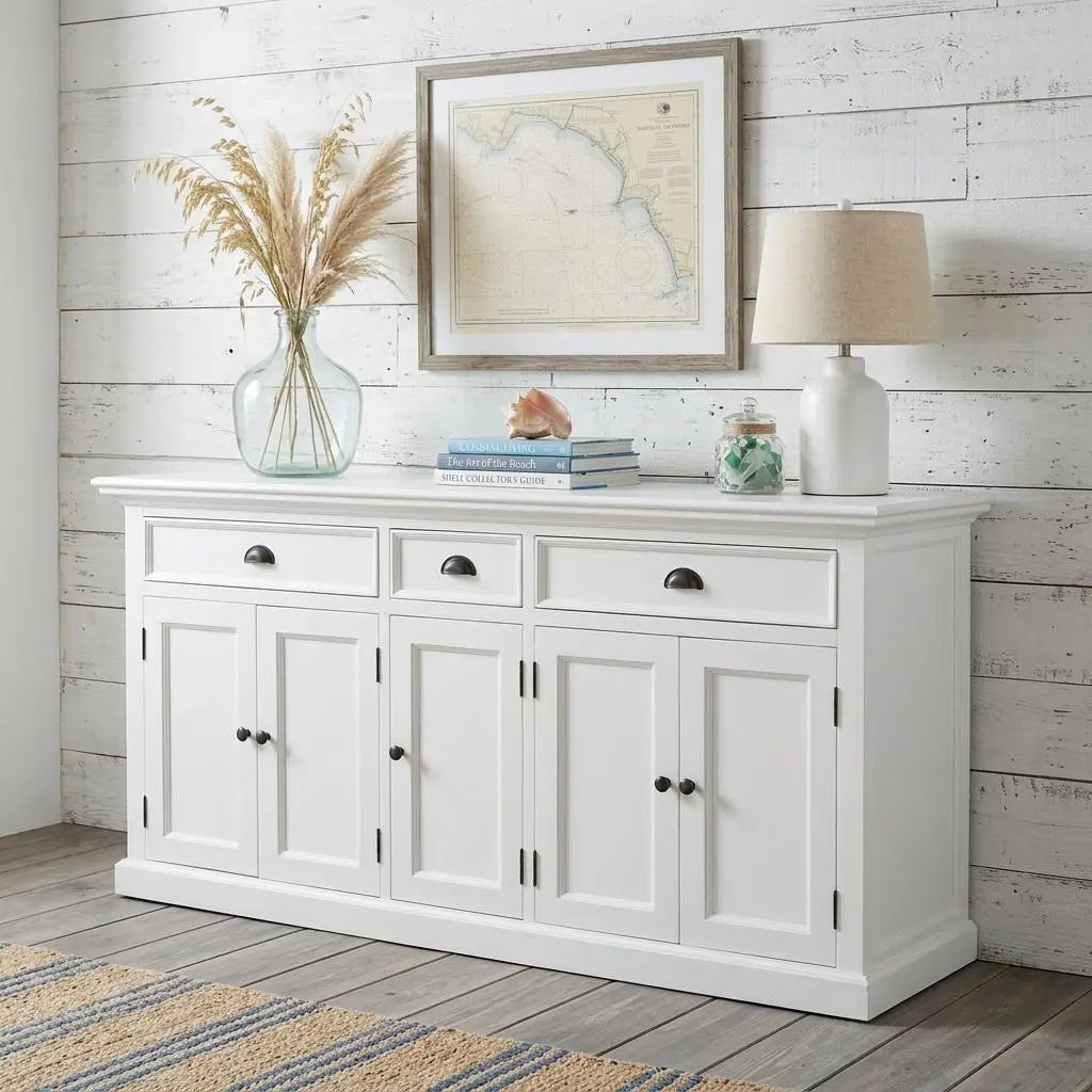 71" White Solid Wood Three Drawer Sideboard with Five Doors Homeroots Kitchen & Dining