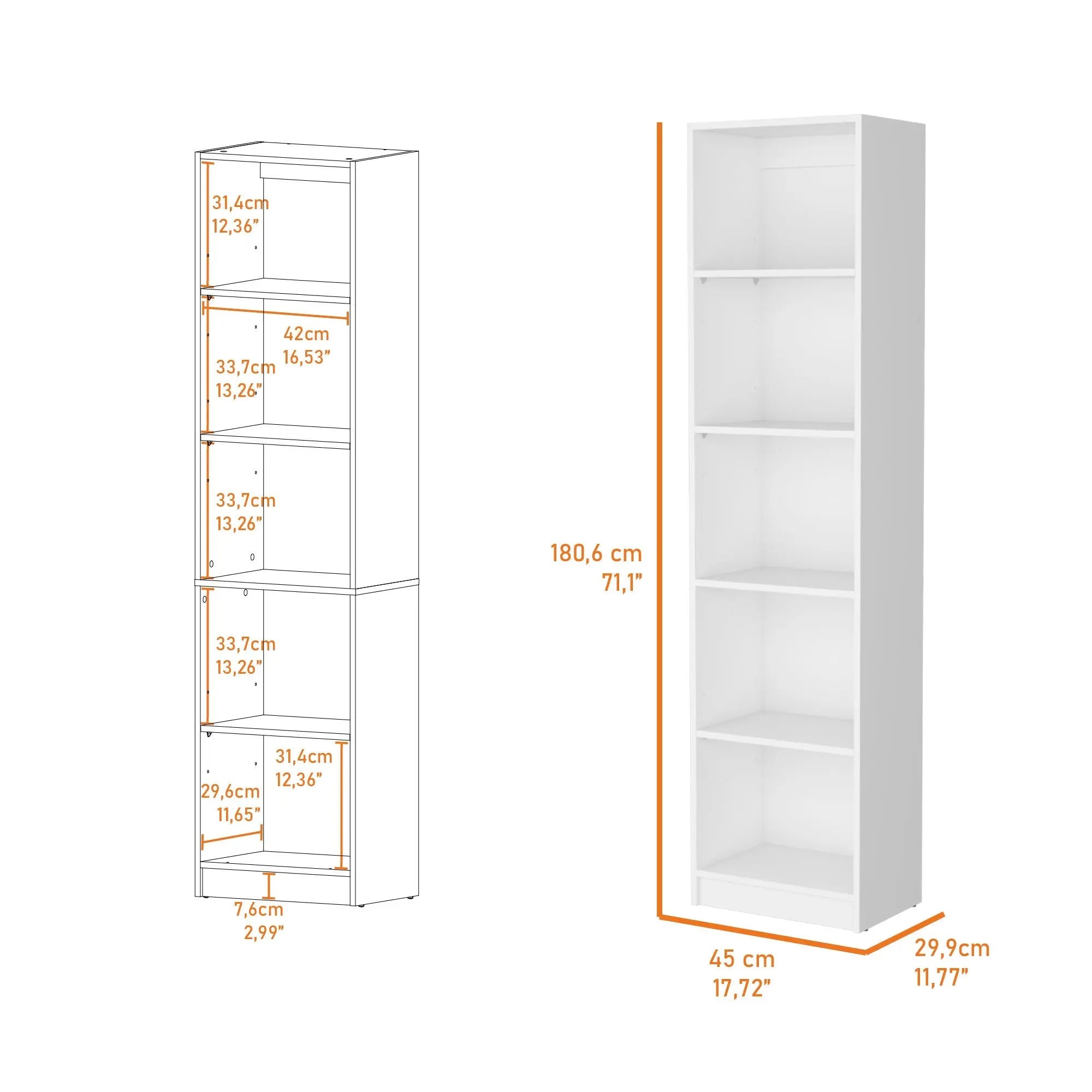 71" White Wood Five Tier Bookcase Homeroots Office